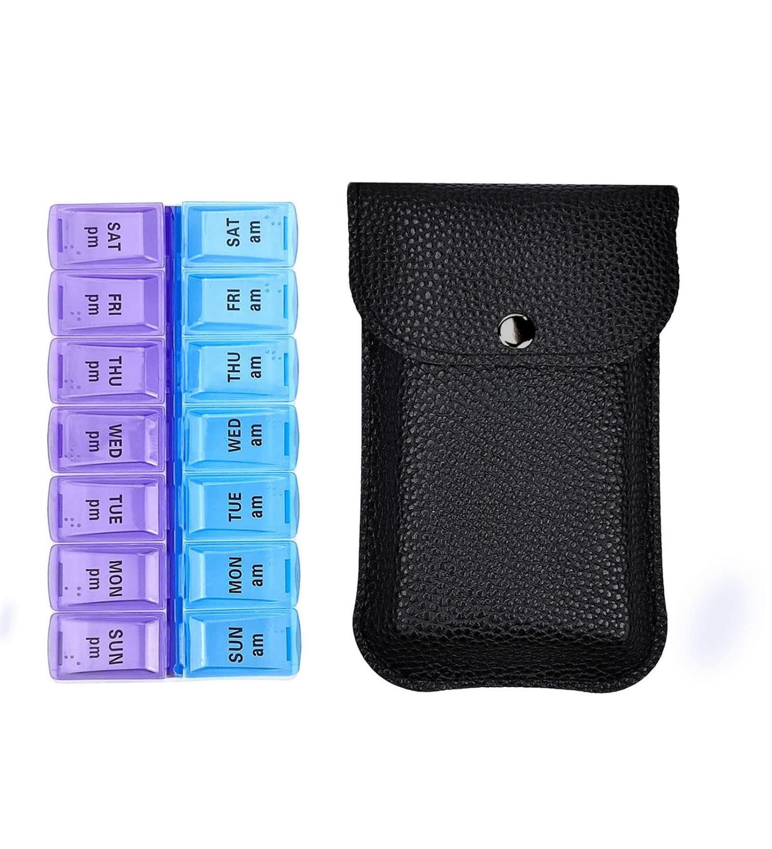 VOFOON Travel Pill Organizer - 7 Day AM PM Case PU Leather Portable Pill Box for Vitamins & Supplements - Small Black Travel Pouch for Men & Women - Buy Online on GoSupps.com