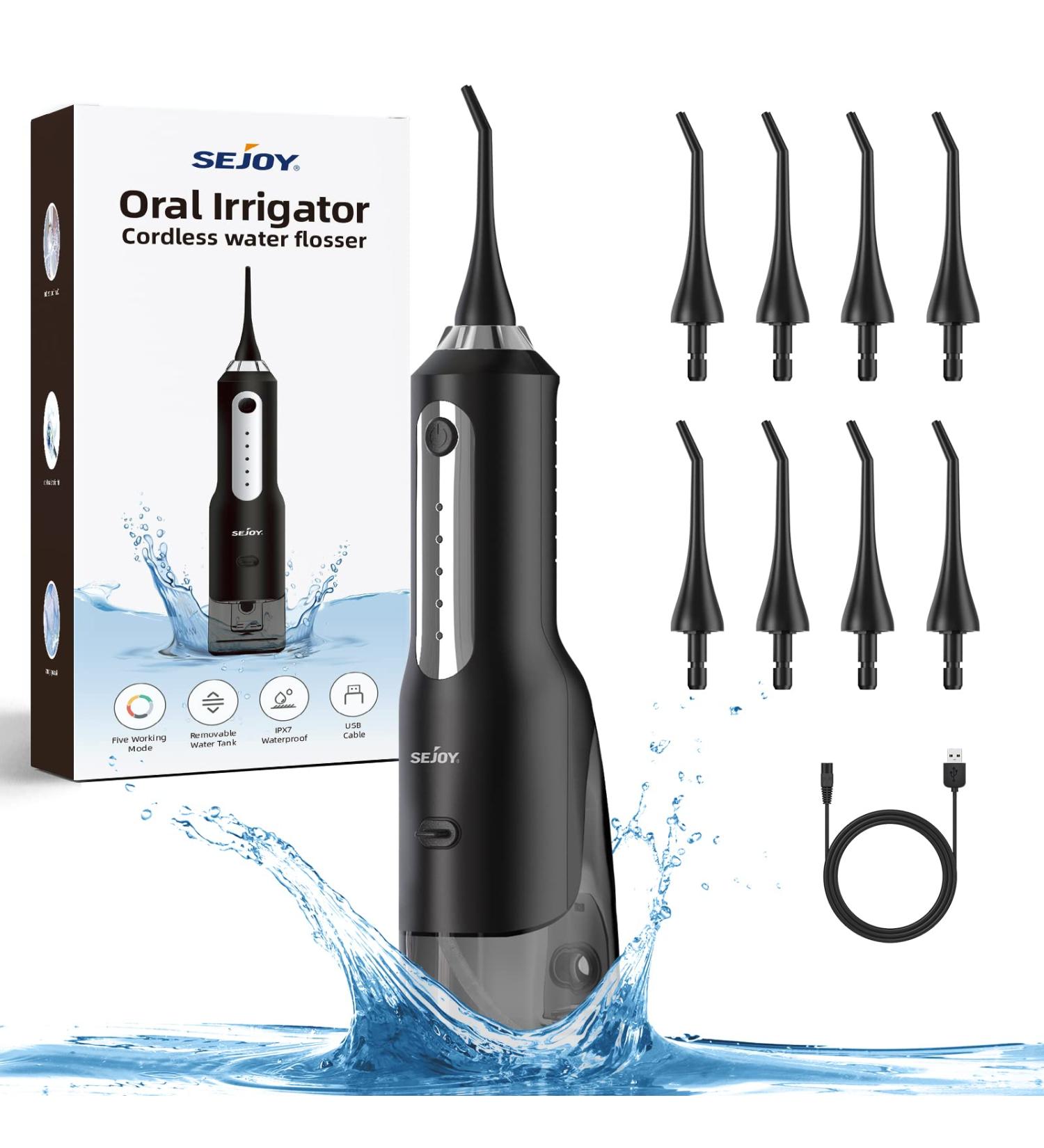 Cordless Water Flosser - Rechargeable Oral Irrigator for Teeth Cleaning | 8 Jet Tips, 5 Cleaning Modes | IPX7 Waterproof - Ideal for Home and Travel | Black - Buy Online on GoSupps.com