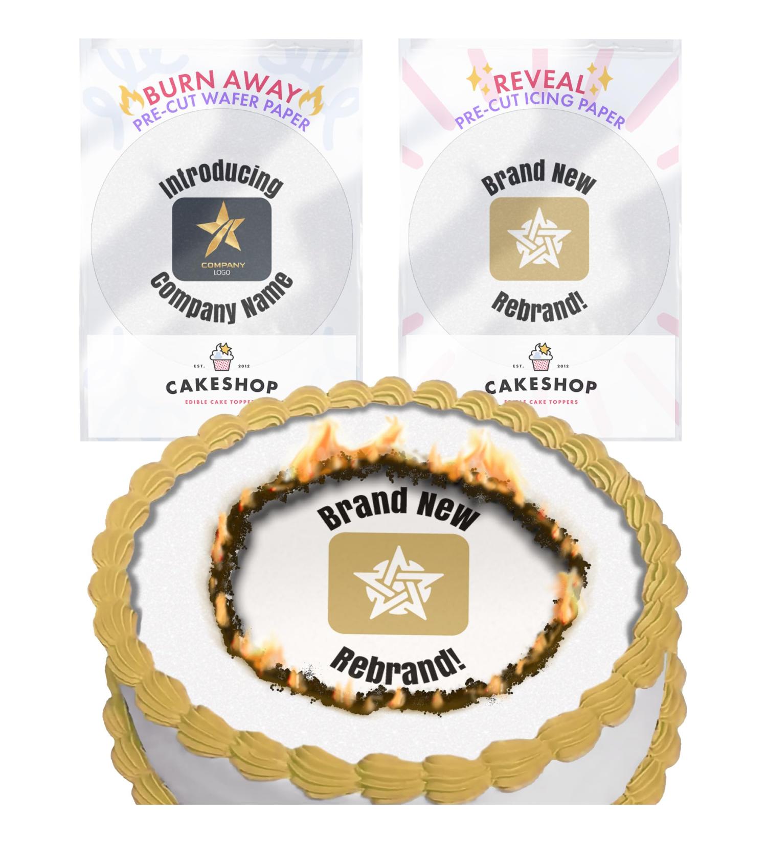 Cakeshop Burn Away Edible Cake Topper Pack | 1 x Icing sheet & 1 x Wafer Sheet | Corporate Business Rebrand Celebration Theme | Personalise With Your Custom Images & Text | Choose Shapes & Sizes Prime