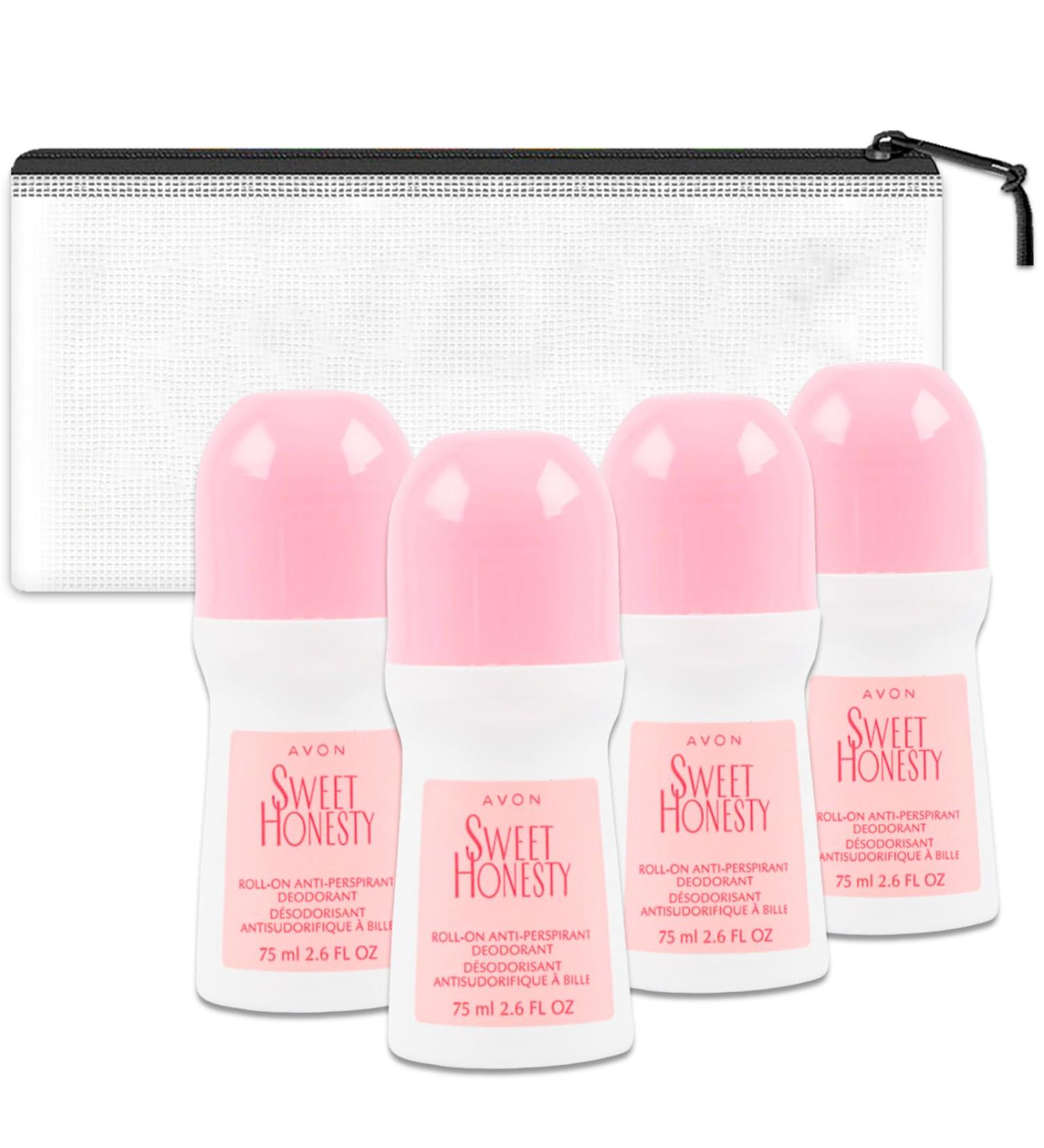 Avon Sweet Honesty Deodorant - 4 Pack of Sweet Honesty Anti-Perspirant Deodorant 2.6 Oz Bundle with Travel Case | Travel Size Deodorant for Women