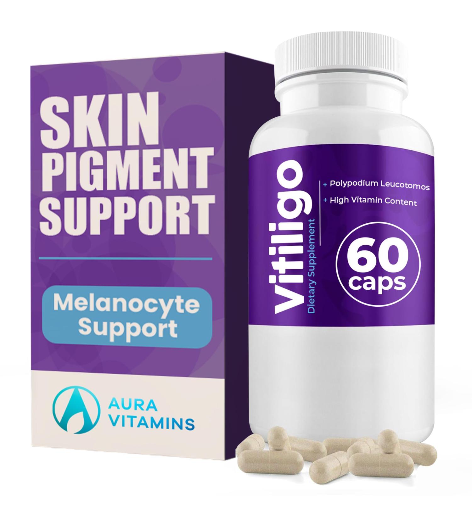 AURA VITAMINS - Vitiligo Capsules 60 Count | 1 Month | Improve Skin Pigmentation Support and Reduce White Spots | Effective Vitiligo Supplement | Natural Solution for White Spots on Skin. (1) - Buy Online on GoSupps.com