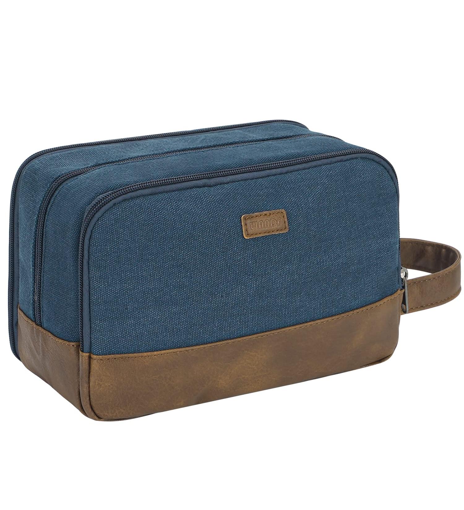 WANDF Hanging Dopp Kit Travel Toiletry Bag for Men - Water-Resistant Vegan Leather Shaving Bag - Blue - Buy Online on GoSupps.com
