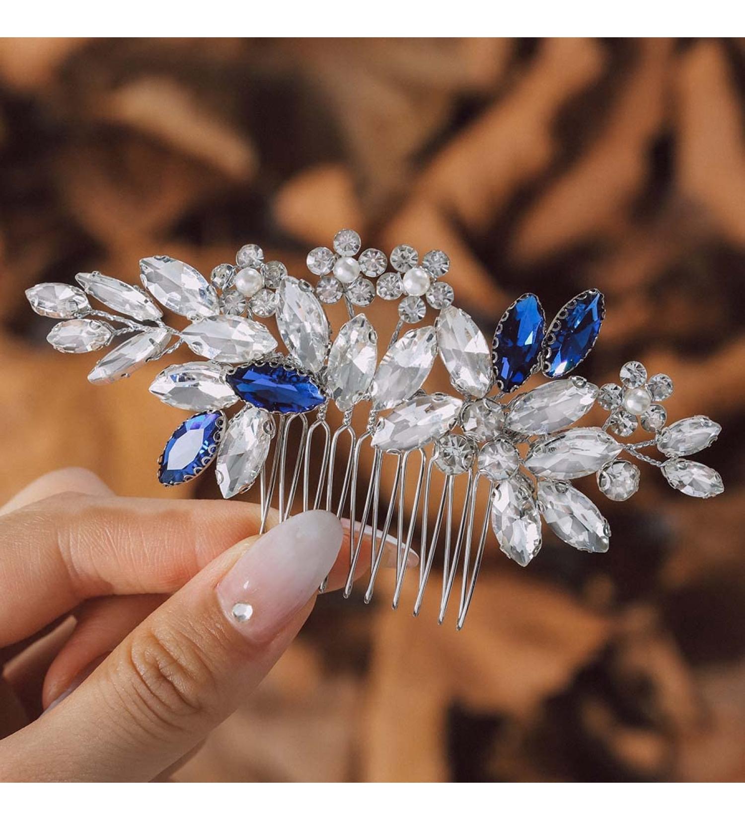 IYOU Crystal Bridal Hair Comb Blue Wedding Side Combs Sparkly Rhinestone Headpiece Prom Bride Bridesmaid Hair Accessories for Women - Buy Online on GoSupps.com
