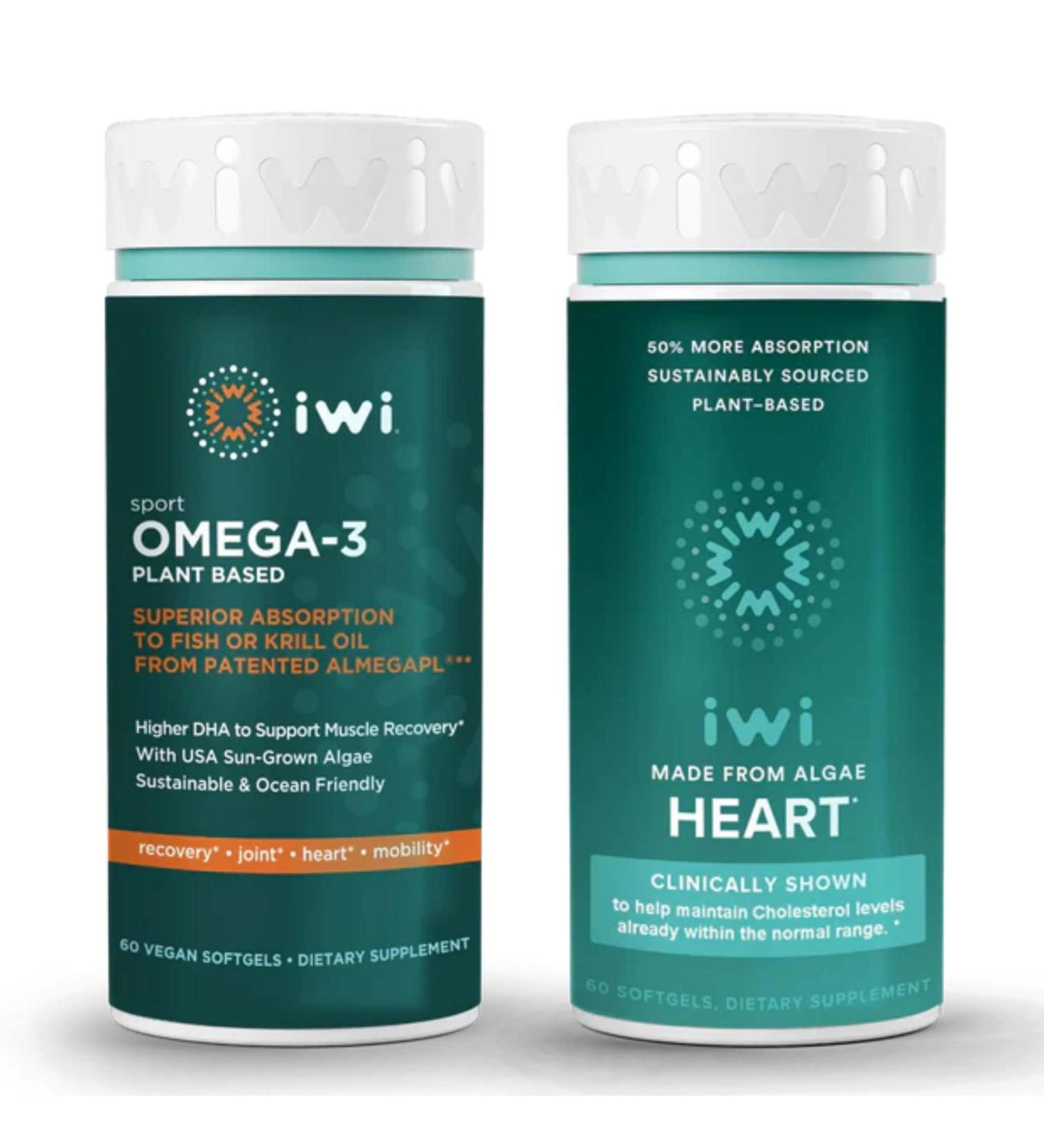 iwi Omega-3 Sport & Heart Omega-3 Bundle 30 Servings Vegan Plant-Based Algae Omega 3 Krill & Fish Oil Alternative No Fishy Aftertaste - Buy Online on GoSupps.com