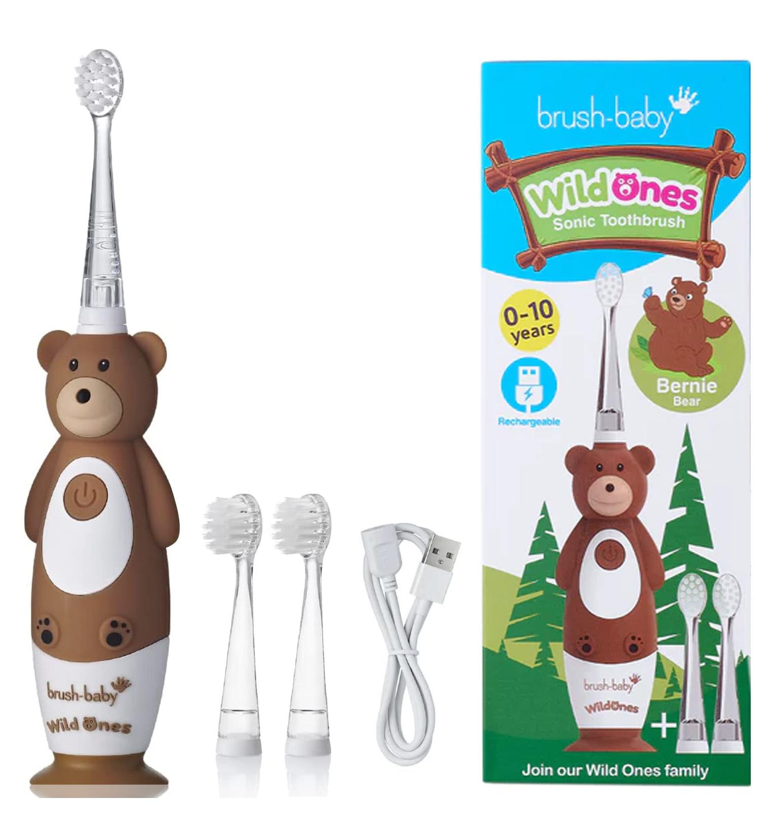 Brush-Baby WildOnes Kids Electric Bear Toothbrush | Rechargeable, 3 Brush Heads, USB Charging Cable | Ages 0-10 - Buy Online on GoSupps.com