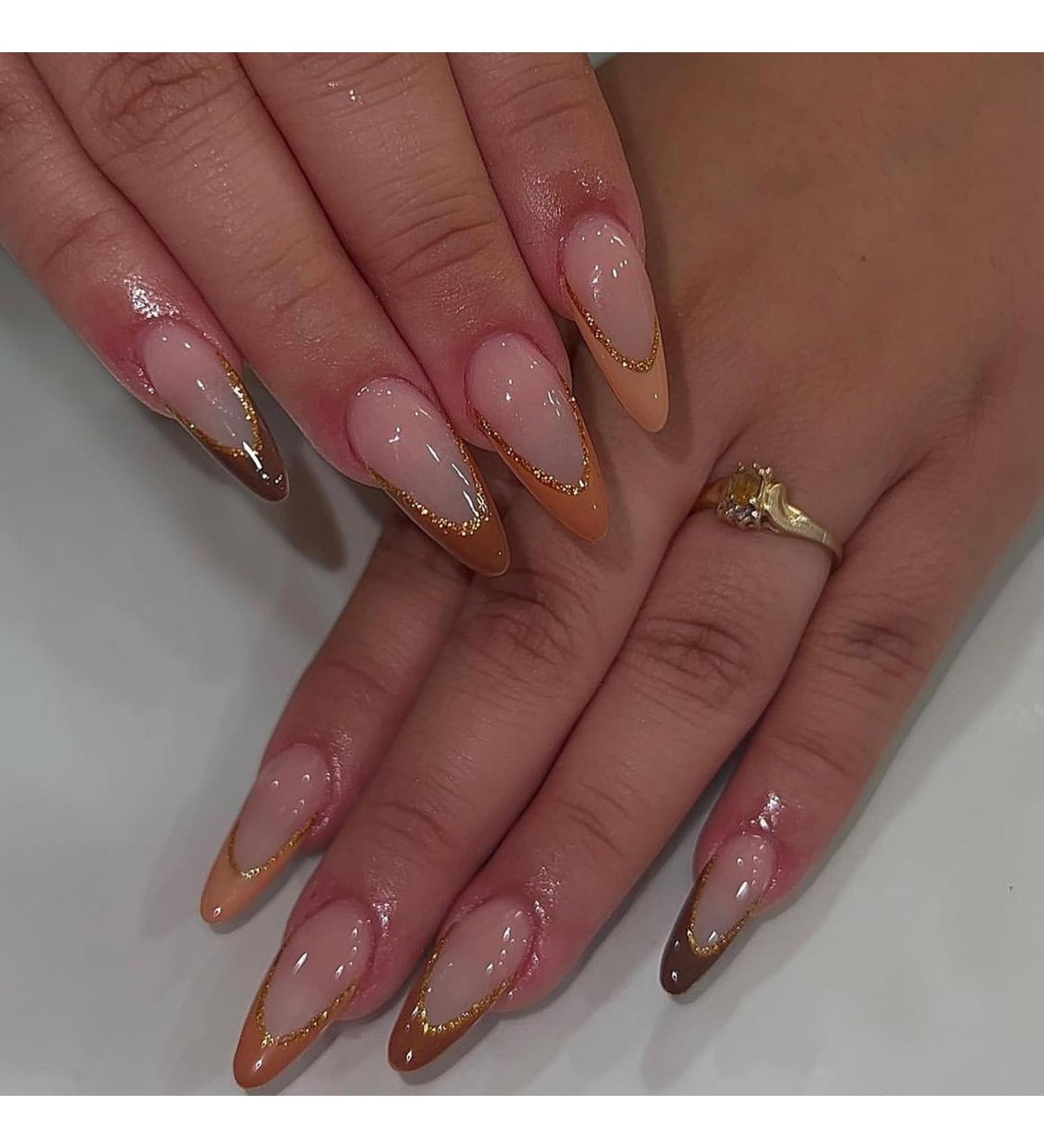 Buy Mouyouglow Press On Nails - Short Almond Nude Pumpkin with Gold Glitter | Durable Artificial Fingernails & Nail Glue - Buy Online on GoSupps.com