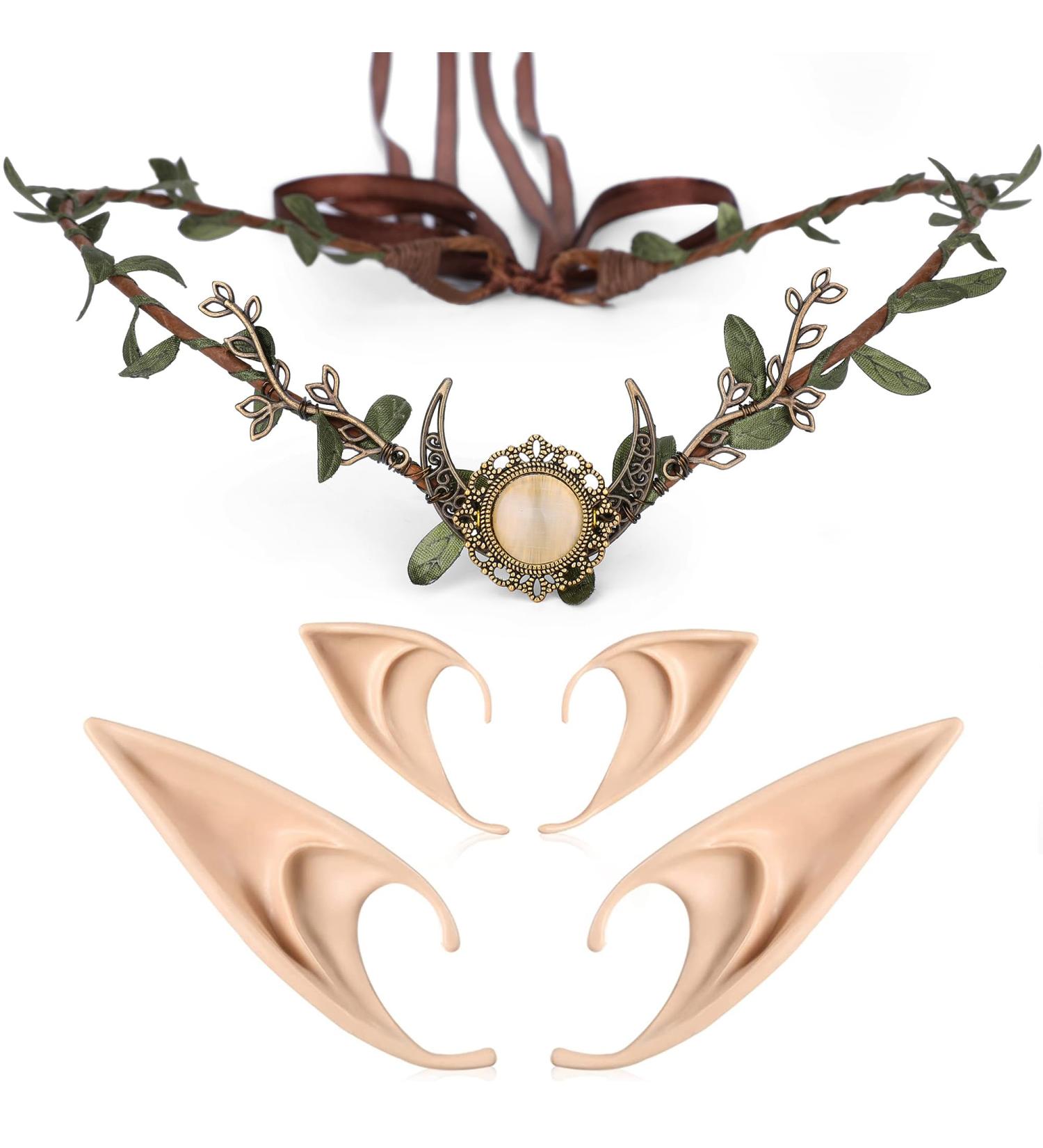 MOSTORY Elf Ears with Woodland Moon Forest Headpiece Cosplay Costumes Fairy Leaf Crown Headband and 2 Pairs Soft Elven Ears with Crystal for Women Womens Halloween Party Birthday Bridal - Buy Online on GoSupps.com