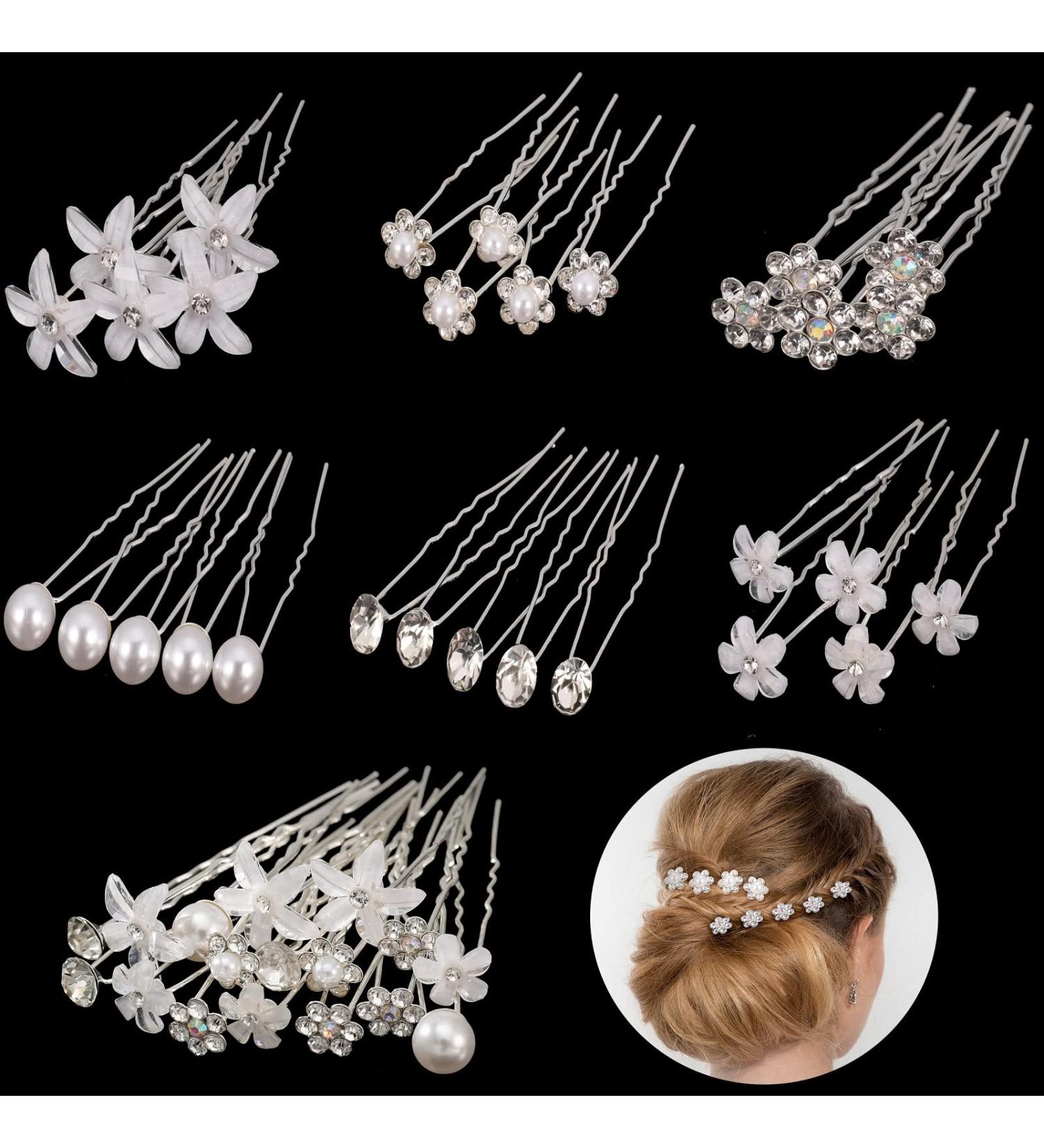 AUXSOUL Bridal Hair Pins - Crystal Pearl U-Shaped Diamond Clips for Wedding - 30Pcs (6 Styles) - Buy Online on GoSupps.com