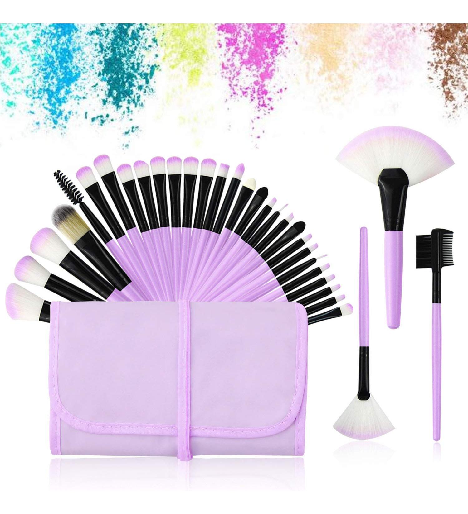 32-Piece Professional Makeup Brush Set with Nylon Bag - Purple - Buy Online on GoSupps.com