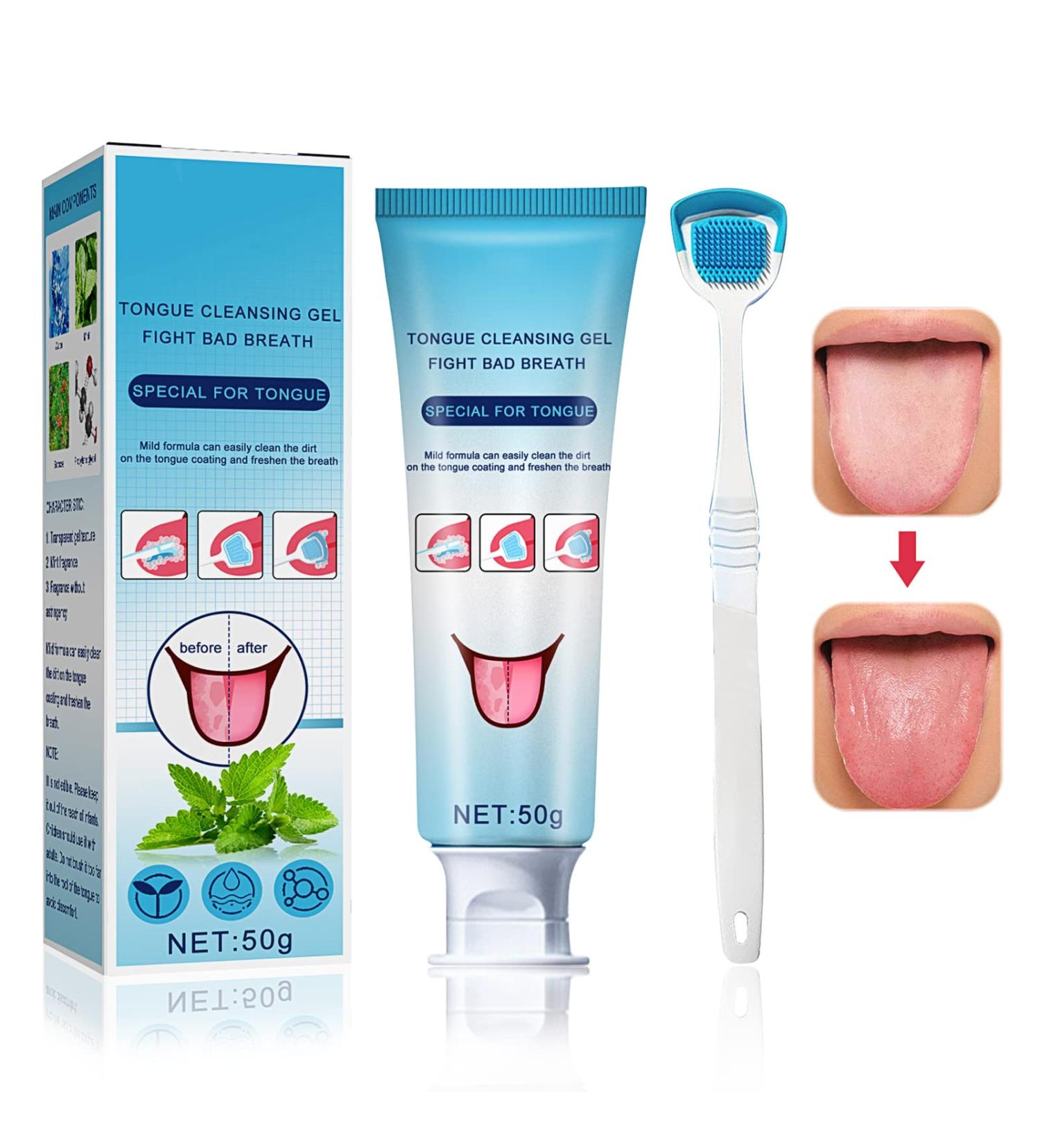 Tongue Cleaner & Scraper Set | Tongue Cleaning Gel 50g + Brush for Fresh Breath | Eliminate Bad Breath - International Shipping - Buy Online on GoSupps.com