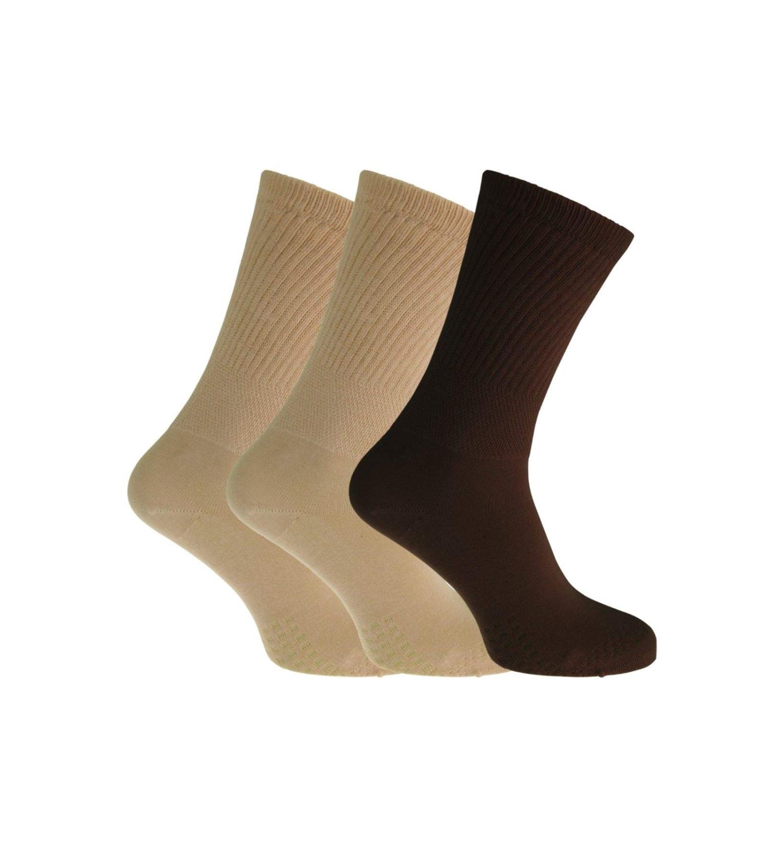 Women's Extra Wide Comfort Fit Diabetic Travel Socks Gentle Grip Loose Top Socks (3 Pair Pack) 4-8 Brown Mix