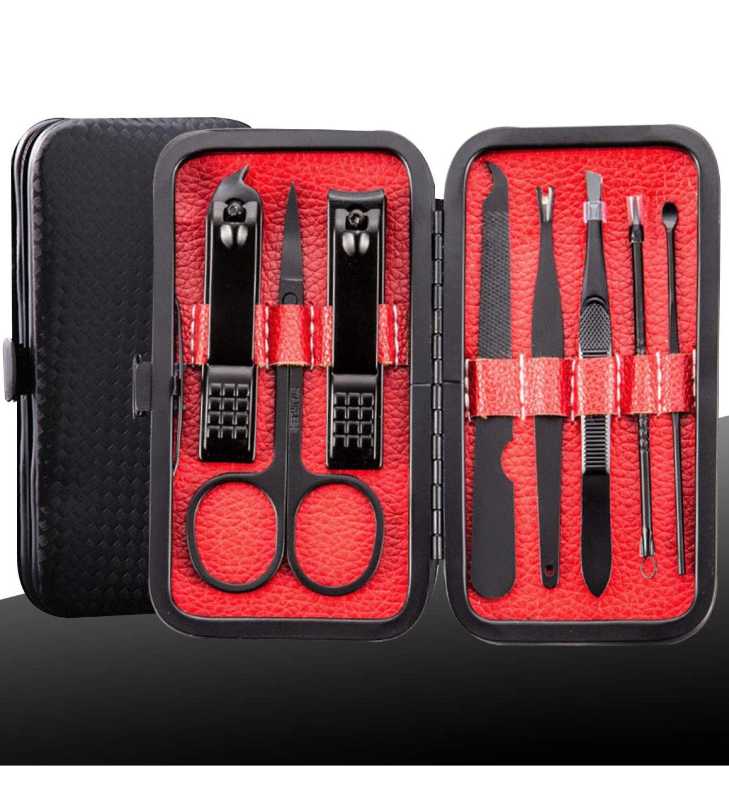 Professional Stainless Steel Manicure Kit - 8 in 1 Nail Clippers Set for Men and Women - Grooming Scissors, Tweezers, Ear Pick, Nail File - Black/Red Gift Set - Buy Online on GoSupps.com