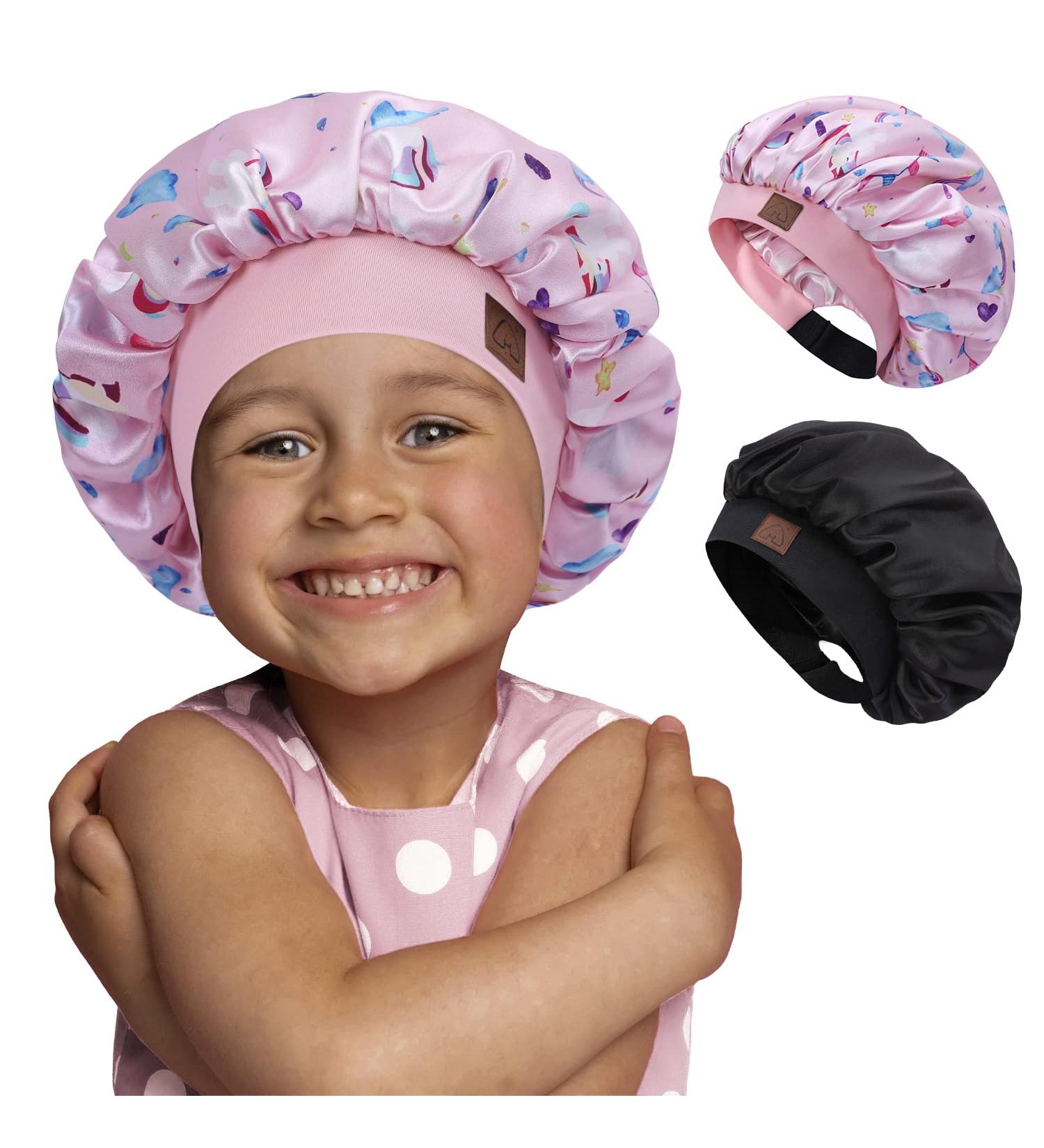 Kids Satin Sleep Cap 2 Pack - Unicorn & Black | Adjustable Silk Hair Bonnet for Babies & Toddlers with Curly Hair - Buy Online on GoSupps.com