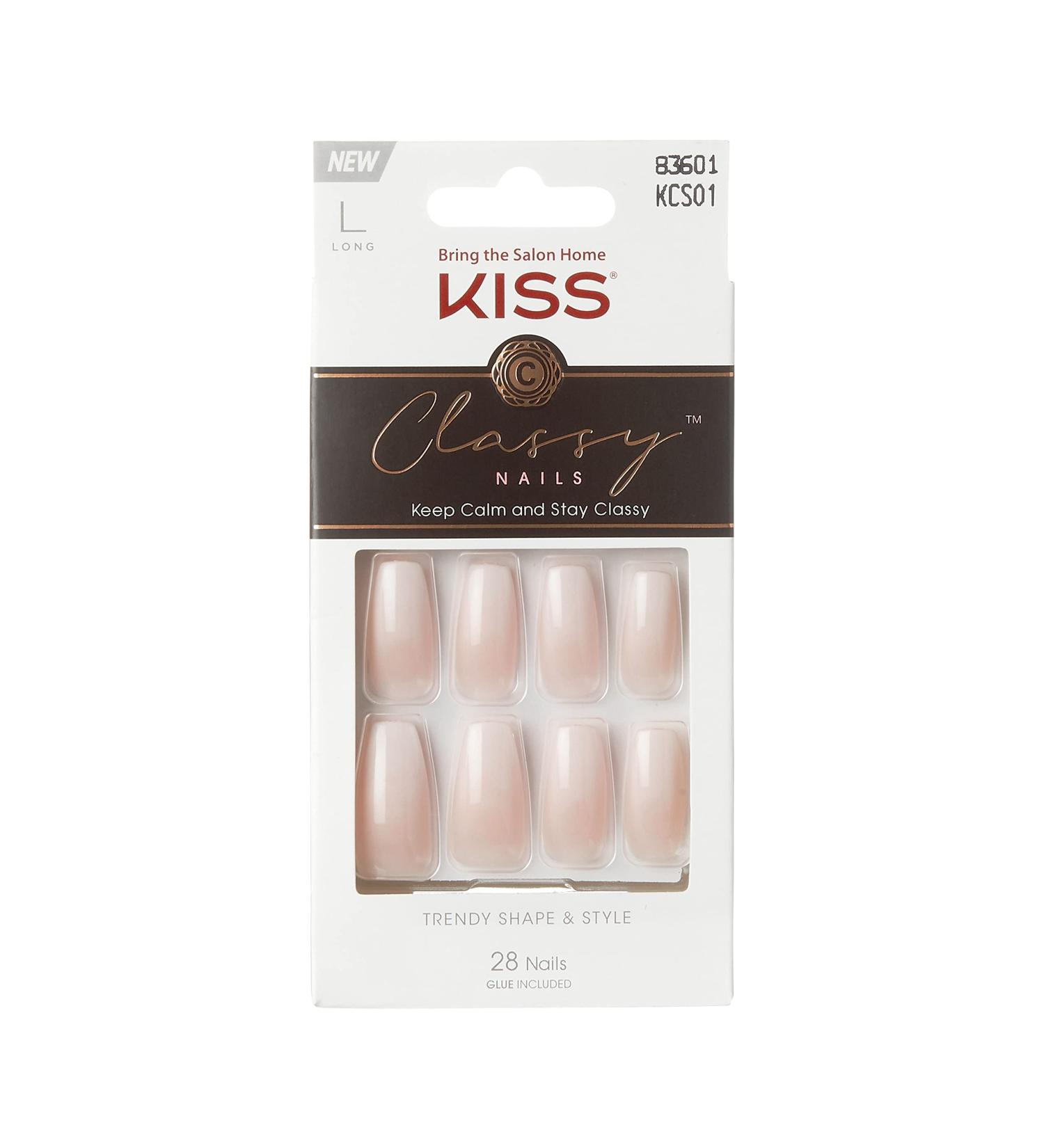 KISS Classy French Manicure Kit with Gel Finish, Long Coffin Shape - 28 Fake Nails + Mini File & Stick, Pink Glue - Be-You-Tiful 28 Count Pack - Buy Online on GoSupps.com
