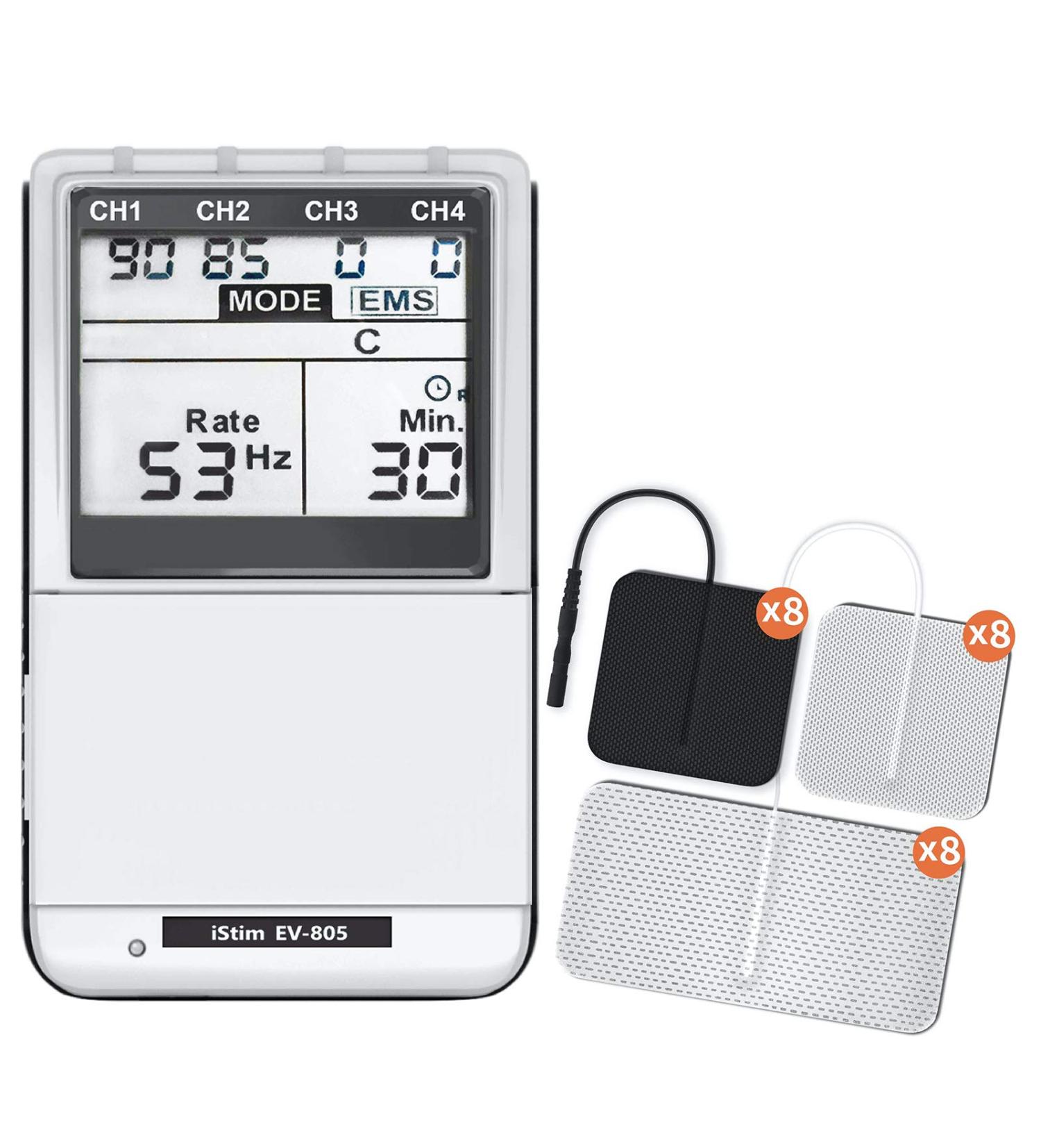 iSTIM EV-805 TENS EMS 4 Channel Combo Machine - Muscle Stimulator for Back Pain Relief - 24 Programs/Backlit - Includes Electrodes Pads - Buy Online on GoSupps.com