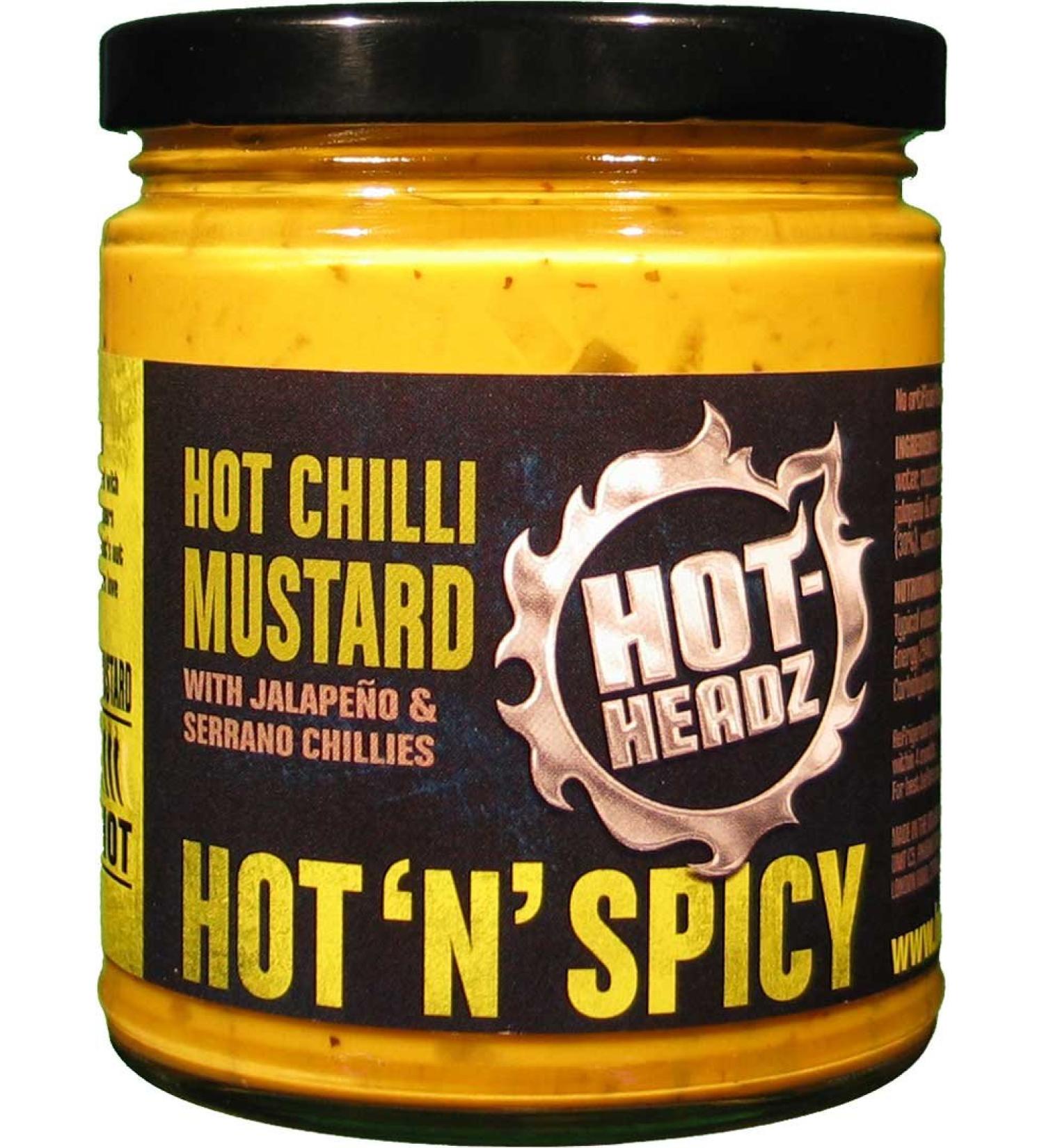 Hot-Headz! Hot n Spicy Mustard Jalapeno & Serrano Chilli 250g Jar Perfect for Hot Dogs Roast Potatoes Chicken Slices Mashed Potato. Add A Spicy Kick to Any Dish. A Great Gift for Mustard Lovers