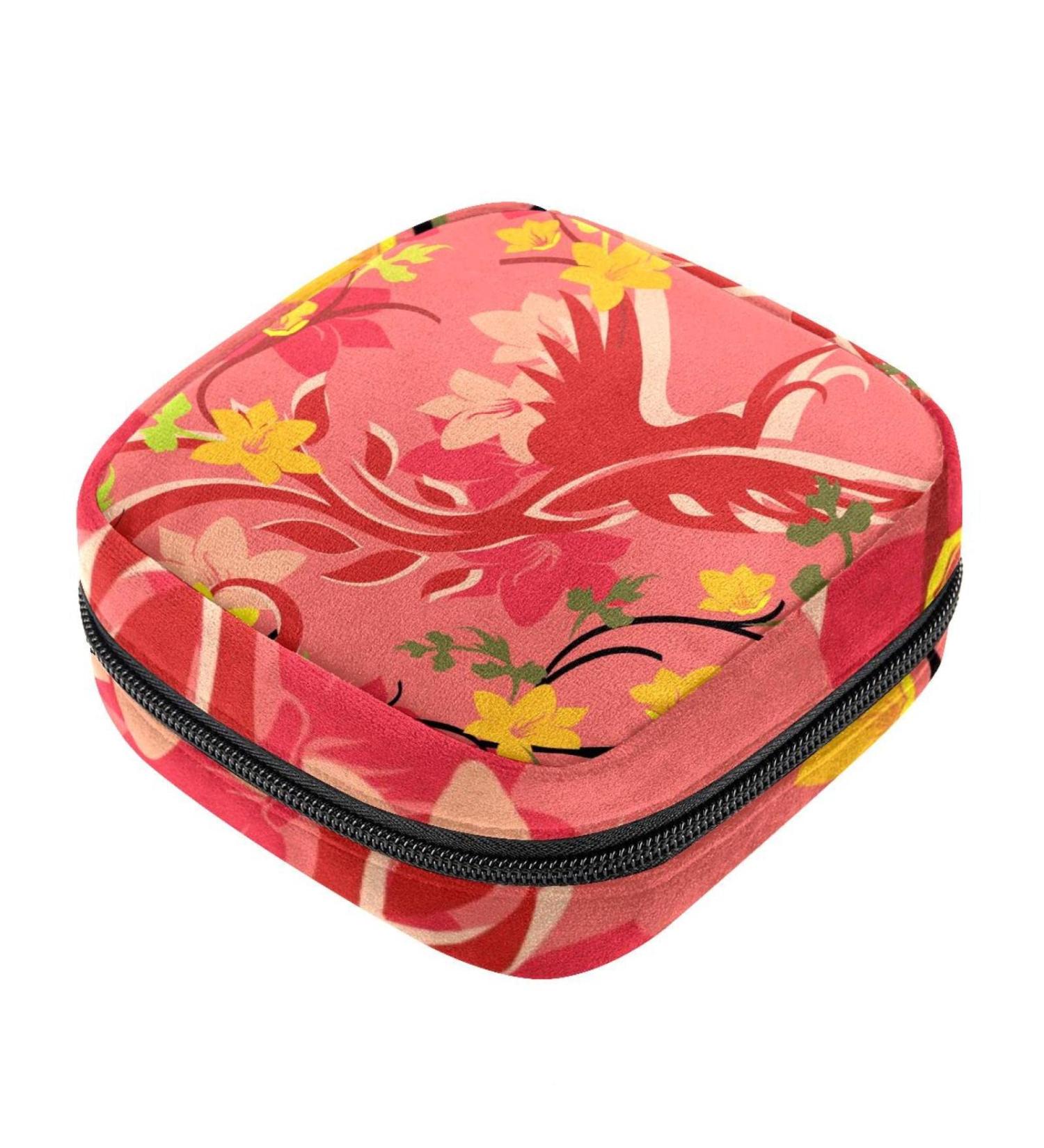 Stylish Menstruation Pad Bag with Zipper - Women's Napkin & Tampon Collectible Bag in Red Phoenix & Flowers Design - Buy Online on GoSupps.com