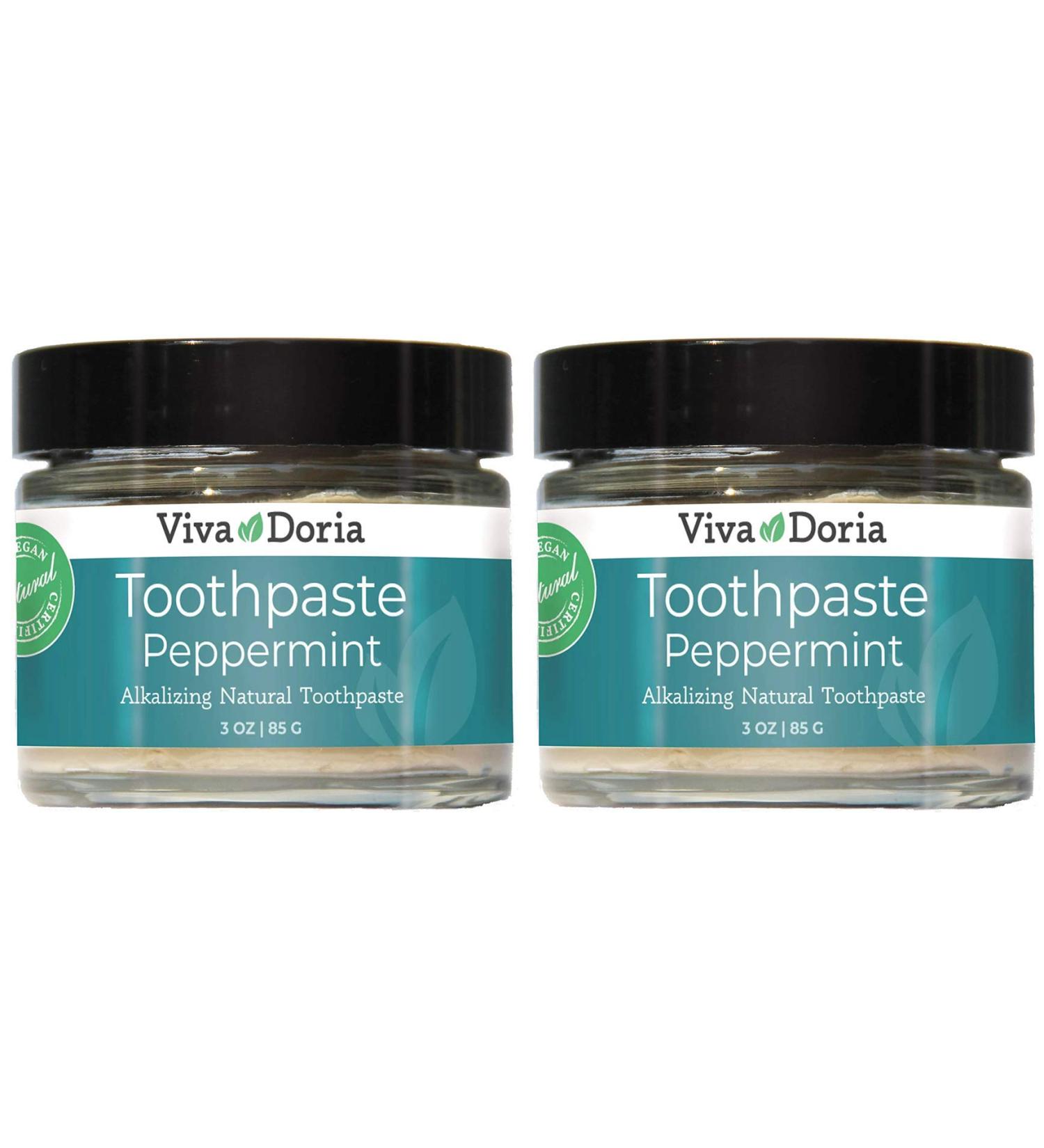 Viva Doria Remineralizing Toothpaste Peppermint | Natural Whitening Toothpaste | Fluoride Free Toothpaste 3 Oz Glass Jar 2 Pack