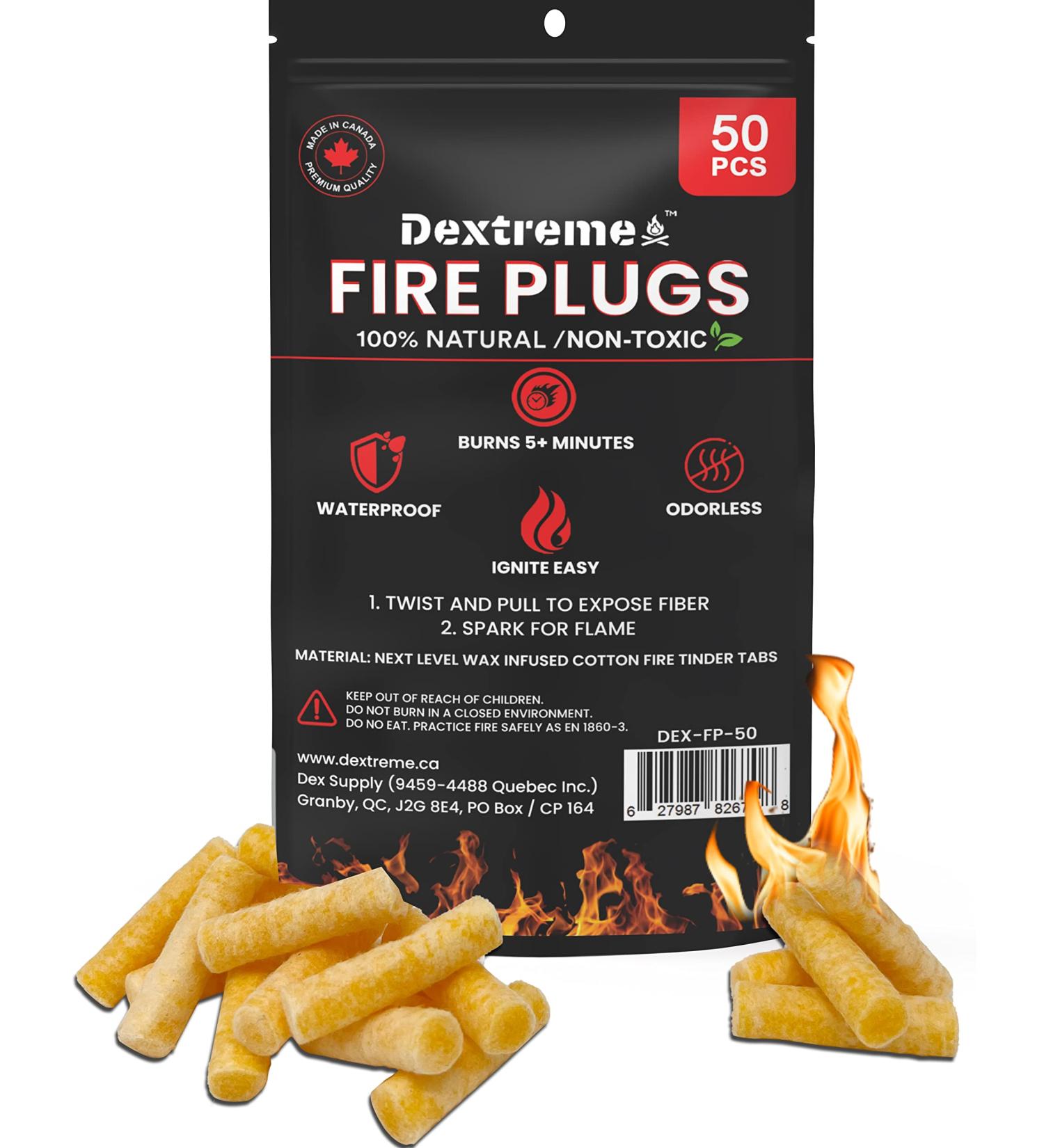 Dextreme Fire Plugs 50 Pcs - Weatherproof Fire Starter for Campfires, Emergencies, Survival - Made in North America - Can Light 50+ Fires, 5+ Minute Burn Time - All Natural - Buy Online on GoSupps.com