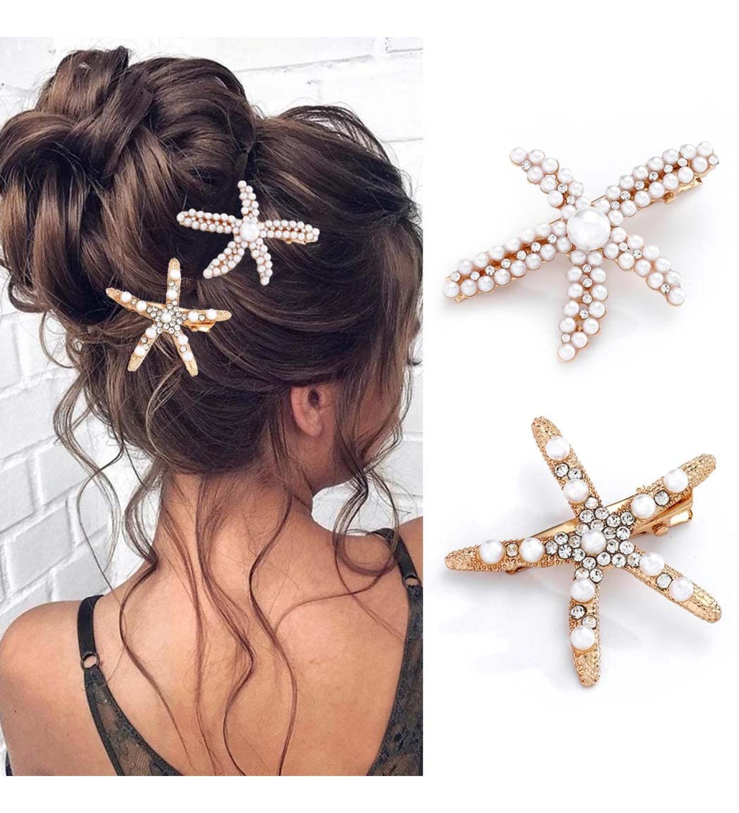 Starfish Gold Crystal Hair Clips - Bride Wedding Head Pieces for Women and Girls (Pack of 2) - Buy Online on GoSupps.com