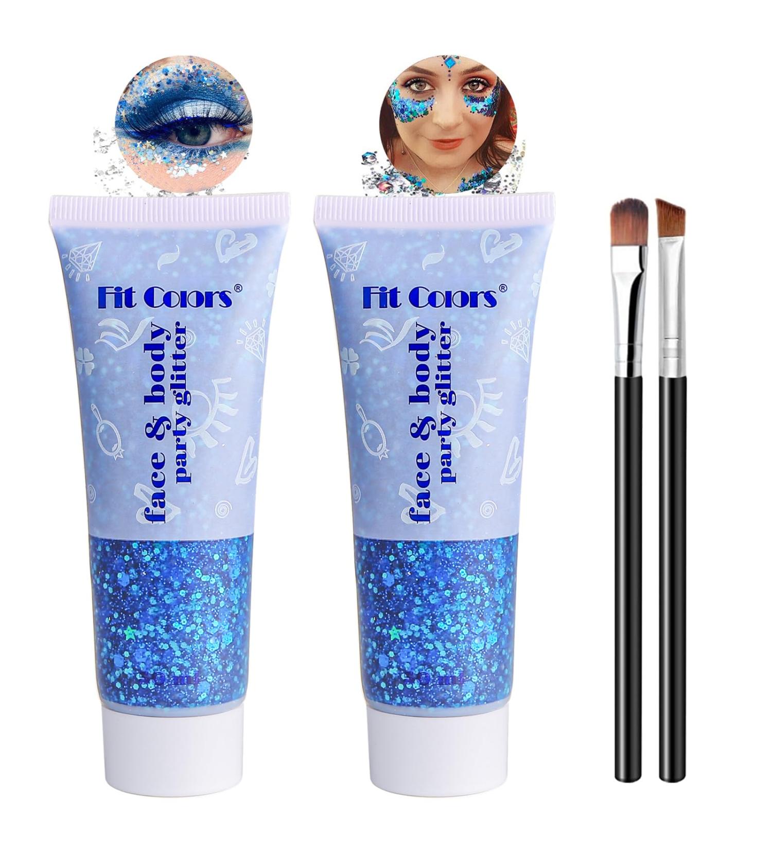 Buy 2 Pieces Mermaid Sequin Body Glitter Gel - Chunky Sparkling Makeup for Festivals & Birthdays | Includes Brushes - Blue - Buy Online on GoSupps.com