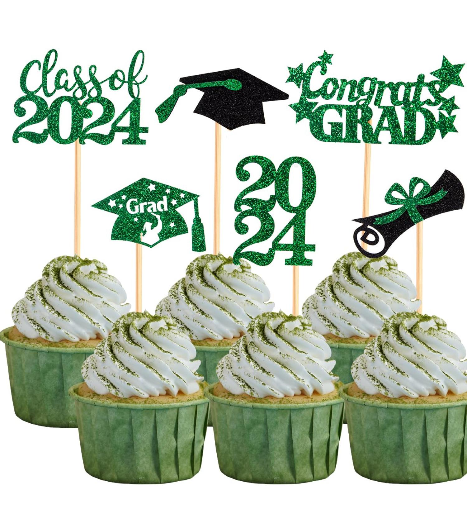 60 Pcs Graduation Cupcake Toppers Glitter Class of 2024 Cupcake Toppers 2024 Congrats Grad Cap Diploma Cupcake Picks for Graduation Theme Party Cake Decorations Green - Buy Online on GoSupps.com