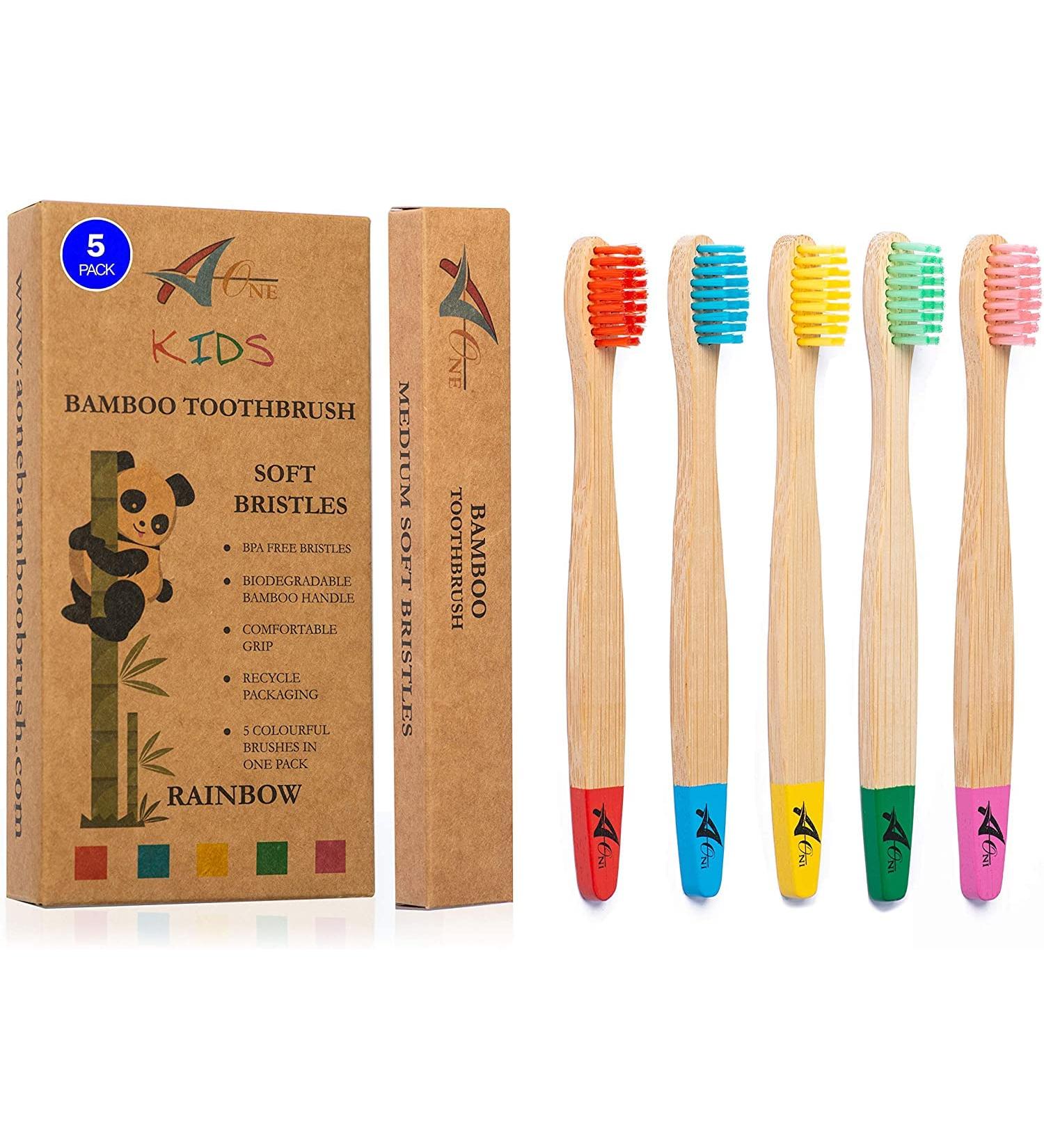 Bamboo Toothbrushes for Children - Eco-Friendly 5 Pack in Rainbow Colors | Soft BPA-Free Bristles | Biodegradable Natural Wood Toothbrushes - Buy Online on GoSupps.com