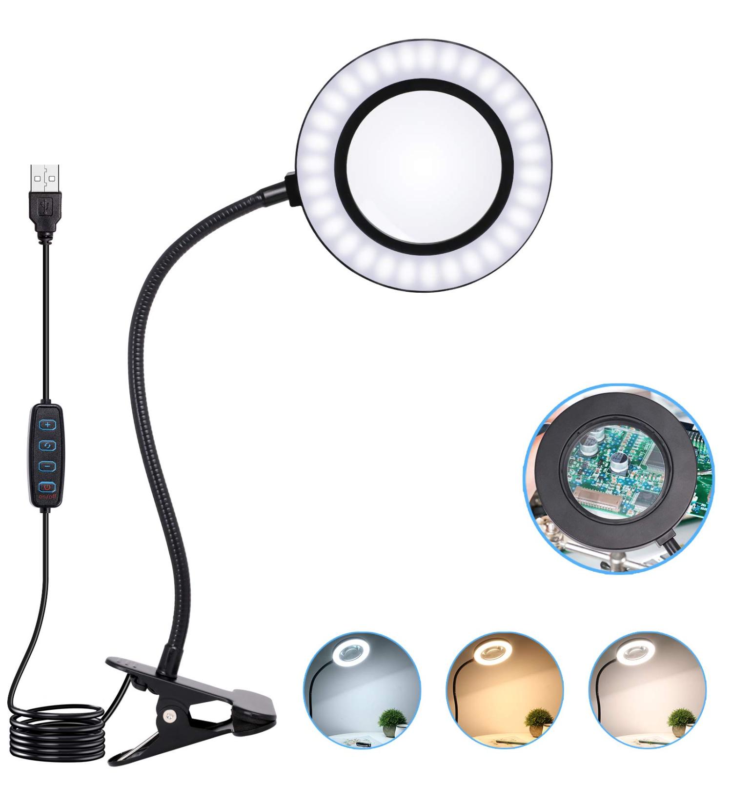10X Magnifying Lamp with Light & Clip | Adjustable Gooseneck & 3 Color Modes | USB Powered Magnifier for Hobbies, Reading, Crafts - Buy Online on GoSupps.com