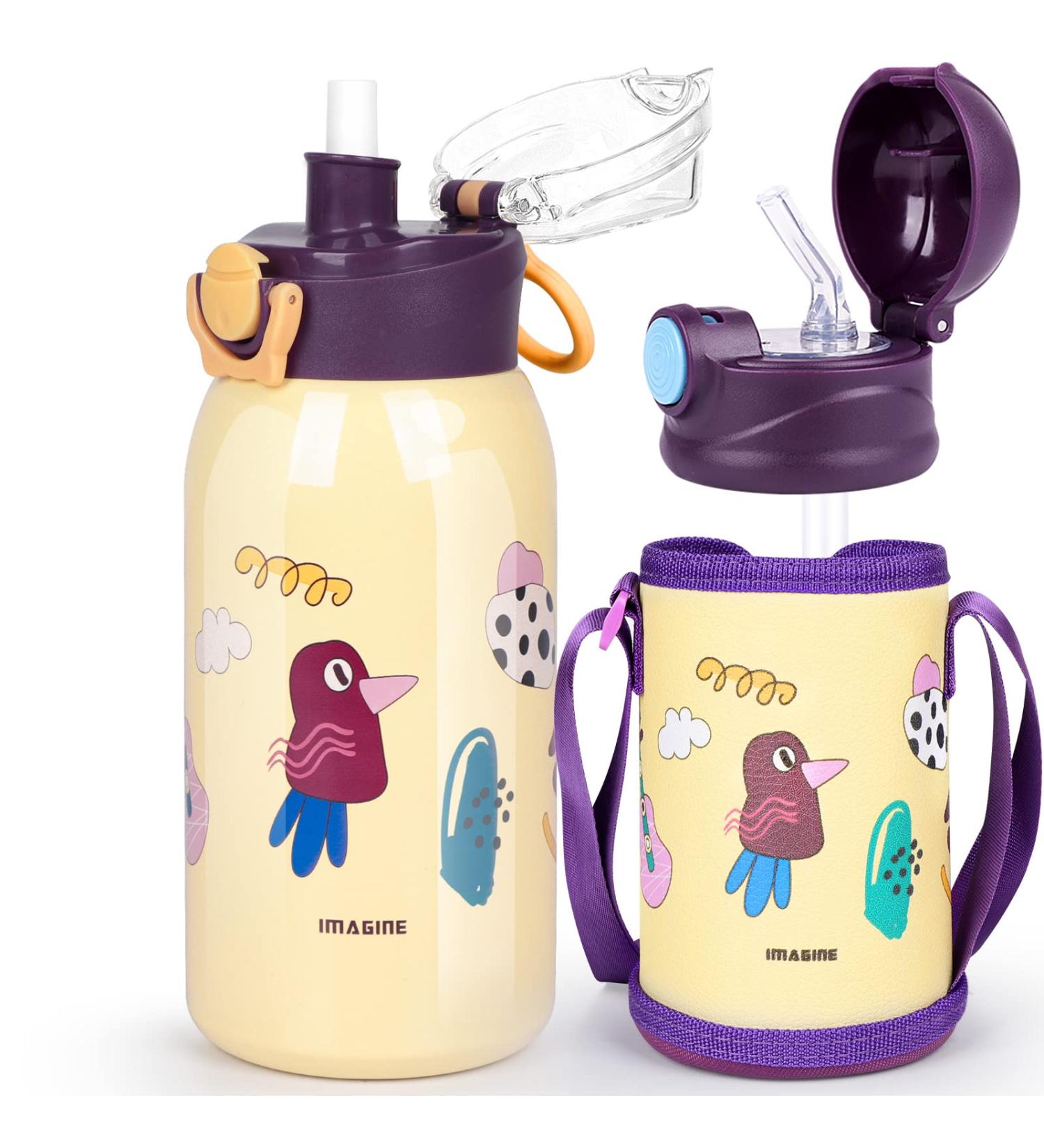 Kids Insulated 20oz Yellow Water Bottle with Straw Lid - Stainless Steel, Two Lids, Cover, and Strap - Buy Online on GoSupps.com