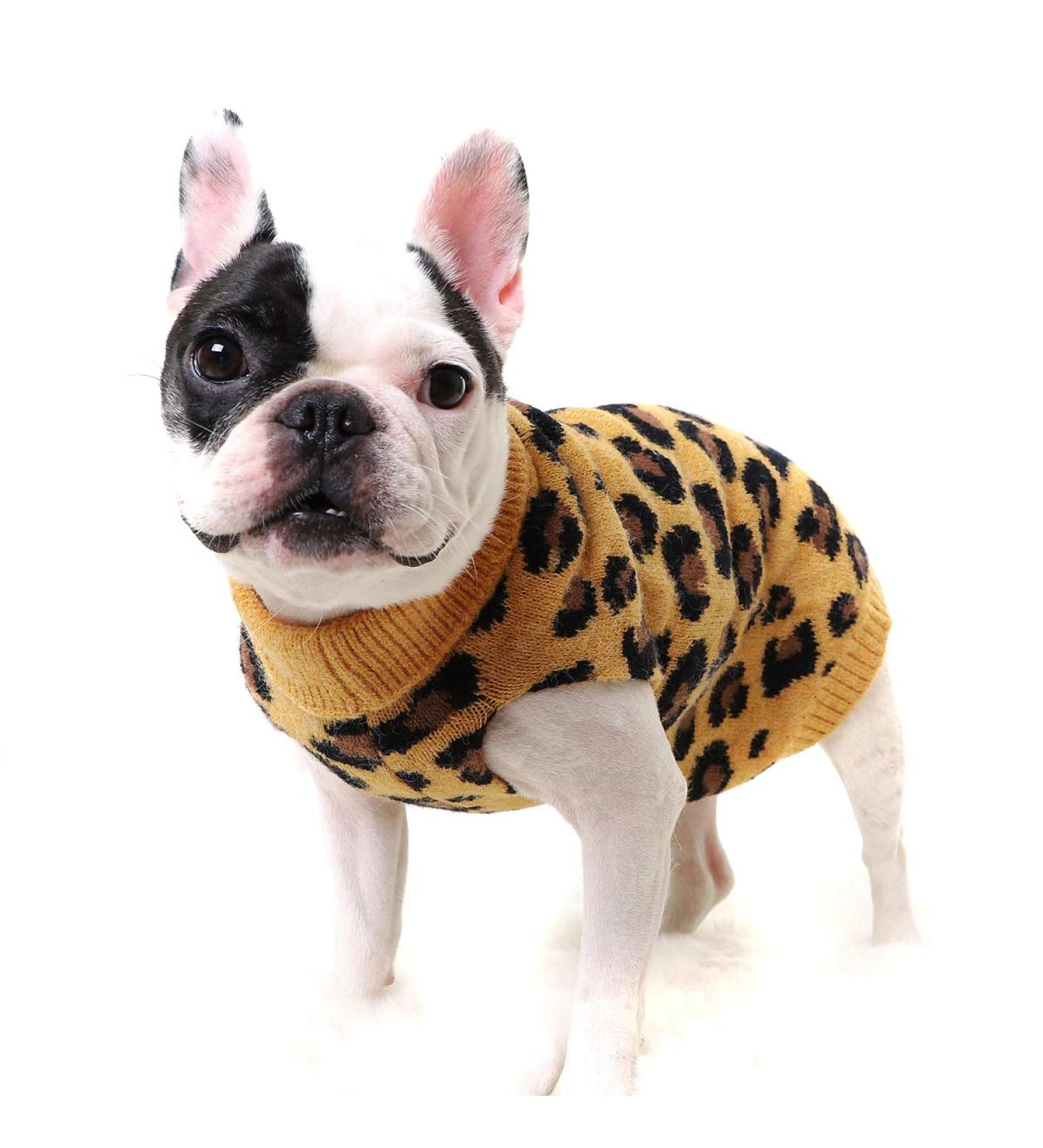 FAMKIT Dog Sweater - Leopard Pattern Winter Knitwear for Small Dogs (3-5KG) - Warm Yellow Puppy Clothes - Buy Online on GoSupps.com