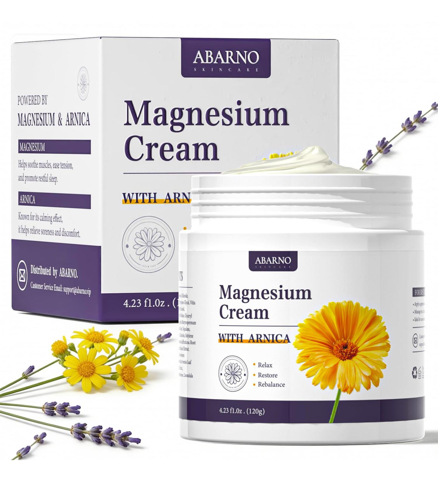 abarno Magnesium Lotion | Magnesium Cream for All skin types Bedtime Routine Fast-Absorbing Non-Greasy Unscented for Legs Calves & Feet 4.23 oz - Buy Online on GoSupps.com