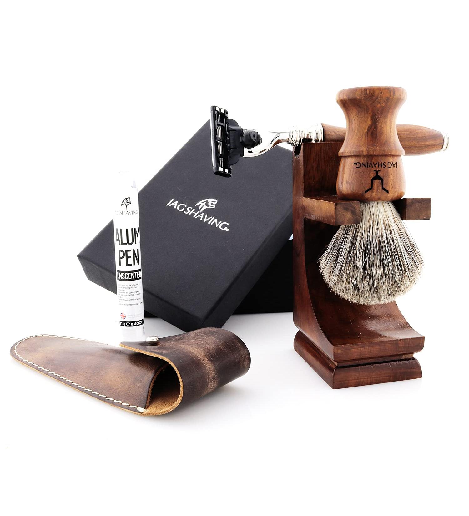 JAG Shaving Razor Set - Sustainable 4-Part Wooden Razor Set with Hair Brush Blades Stand & Leather Bag - Eco-Friendly Grooming Solution - Buy Online on GoSupps.com