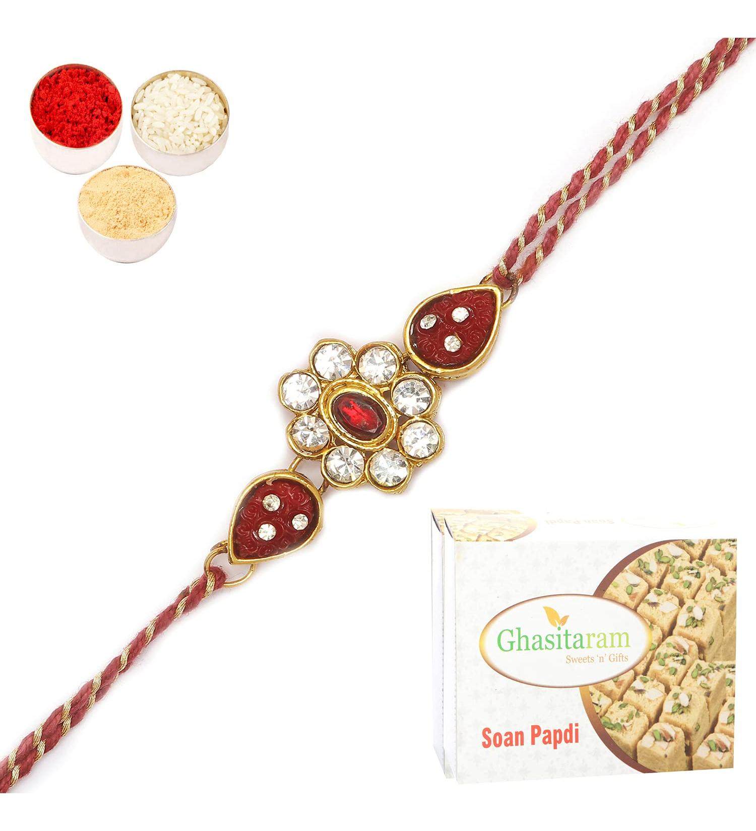 Ghasitaram Gifts Rakhi for Brother Rakhis Online J-31062 Rose Flower Jewel Rakhi with 400 GMS of Soan Papdi - Buy Online on GoSupps.com
