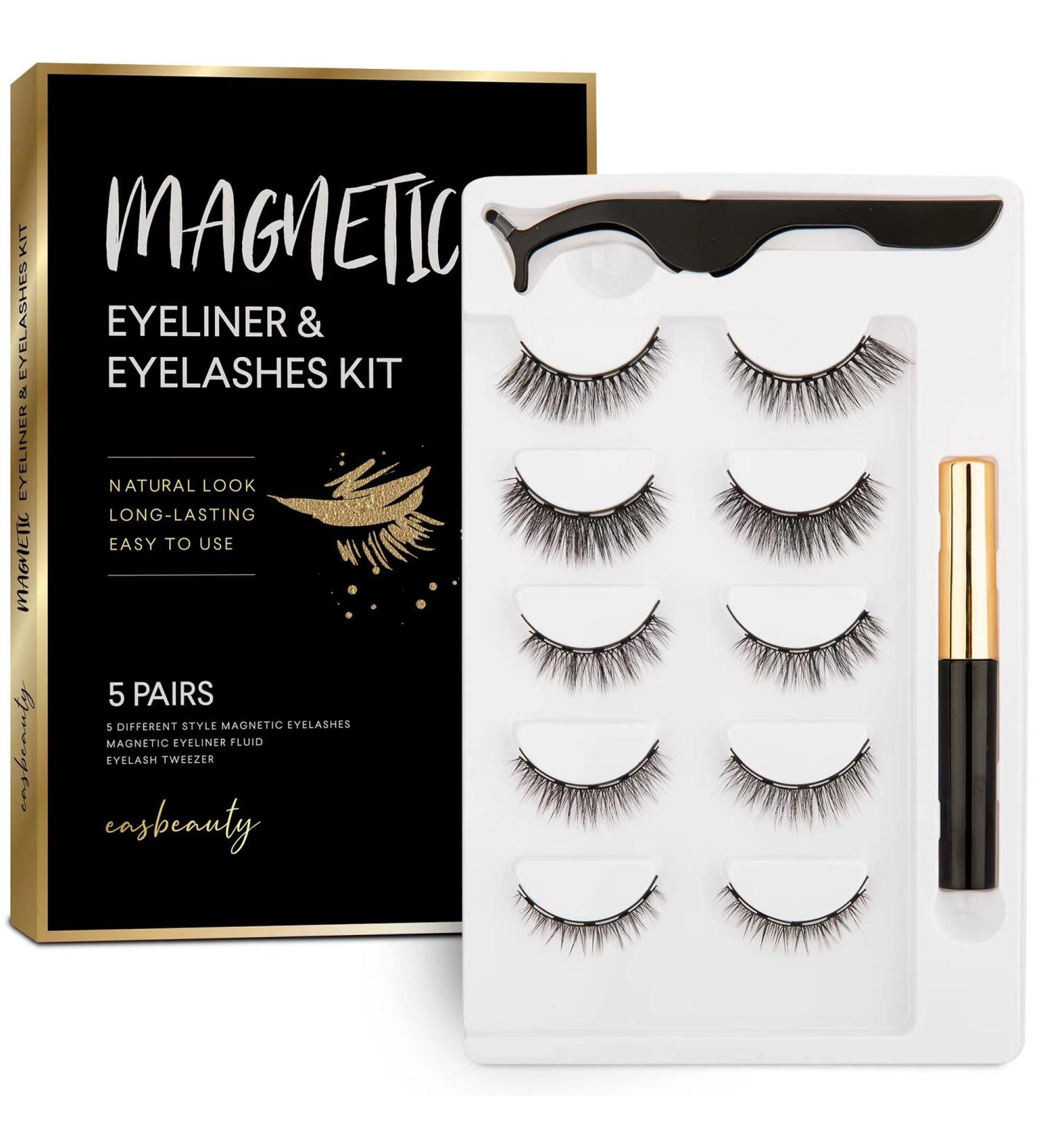 EasbeautyNaturals Magnetic Eyelashes with Eyeliner Kit - 5 Pairs of Natural False Lashes, Easy to Wear with Tweezers - Buy Online on GoSupps.com