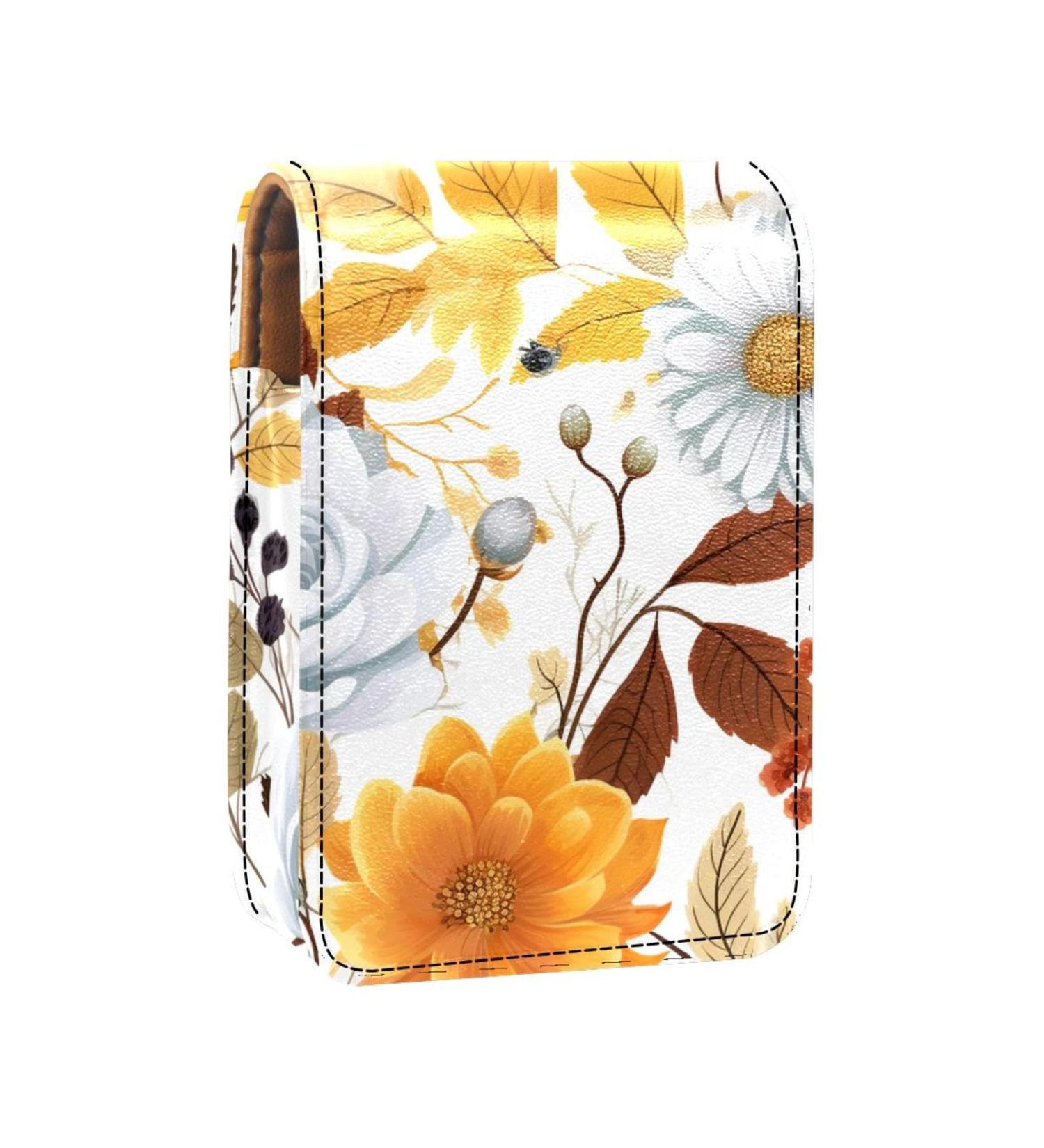 Autumn Flowers Leather Lipstick Case | Mini Lip Gloss Holder with Mirror | Travel-Friendly Organizer - Buy Online on GoSupps.com