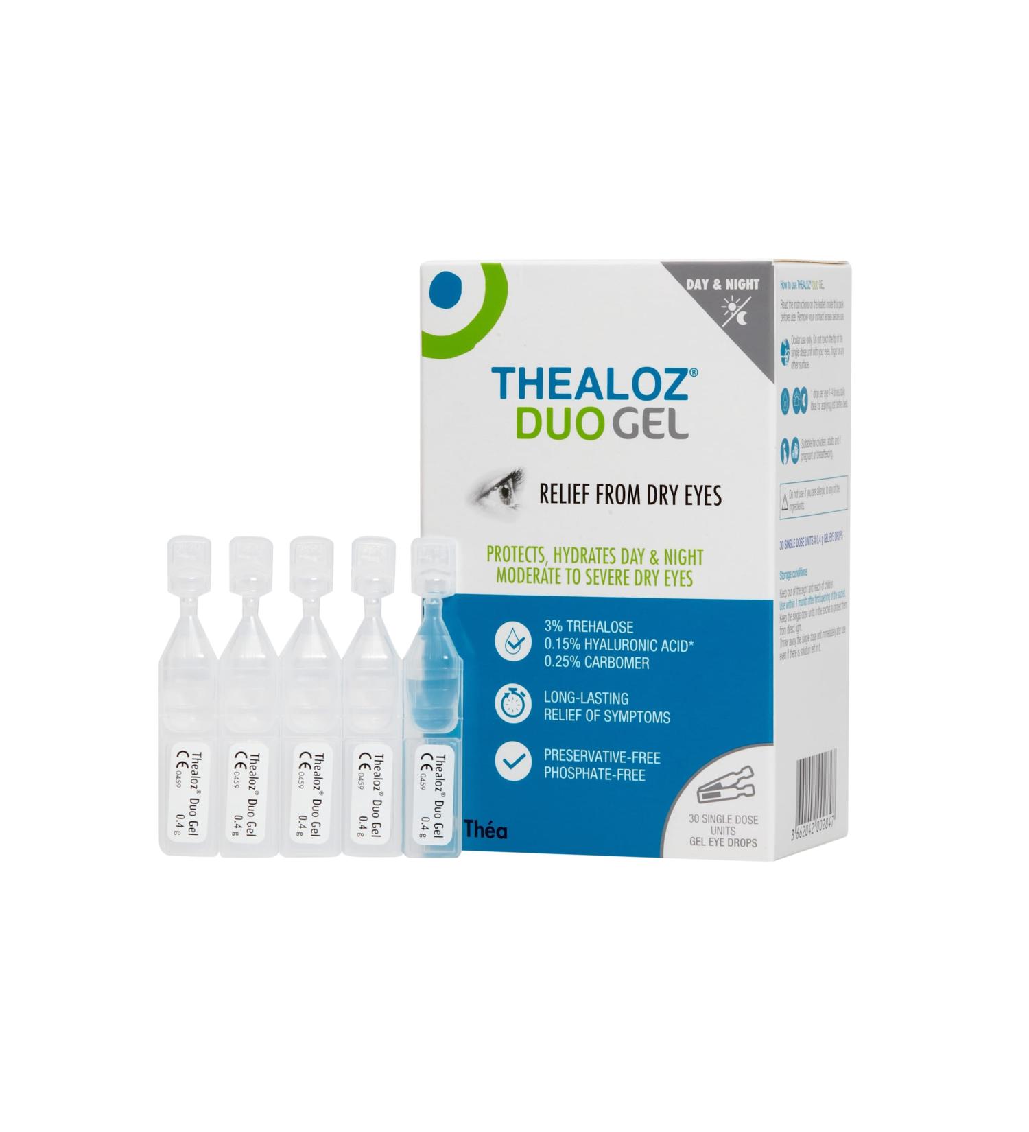 Thealoz Duo Gel Eye Drops - Long-Lasting Relief for Dry, Tired Eyes | Preservative-Free Gel | 30 Single Dose Vials - Buy Online on GoSupps.com