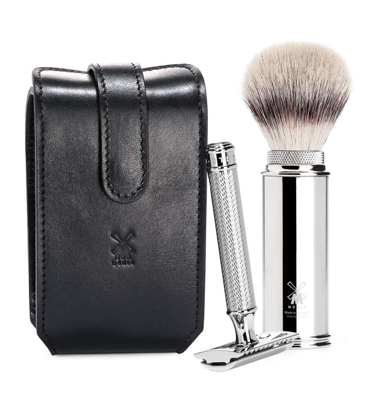 M HLE Travel Shaving Set | Silvertip Fibre Brush & Safety Razor in Black Leather Case | Premium Grooming Essentials - Buy Online on GoSupps.com