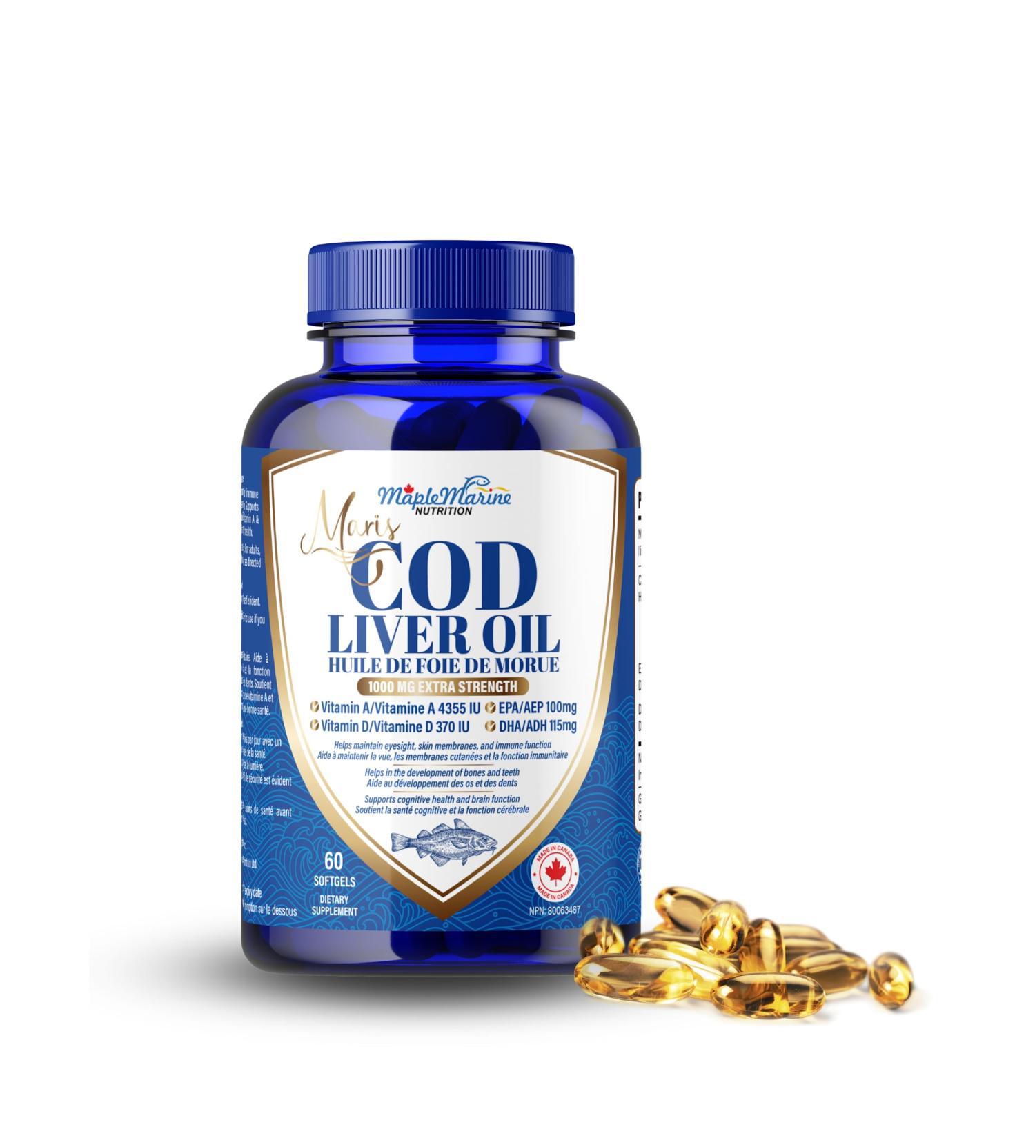 MapleMarine Nutrition Maris Halal Cod Liver Oil 1000 mg with DHA EPA Vitamin A Vitamin D 60 softgels - Buy Online on GoSupps.com