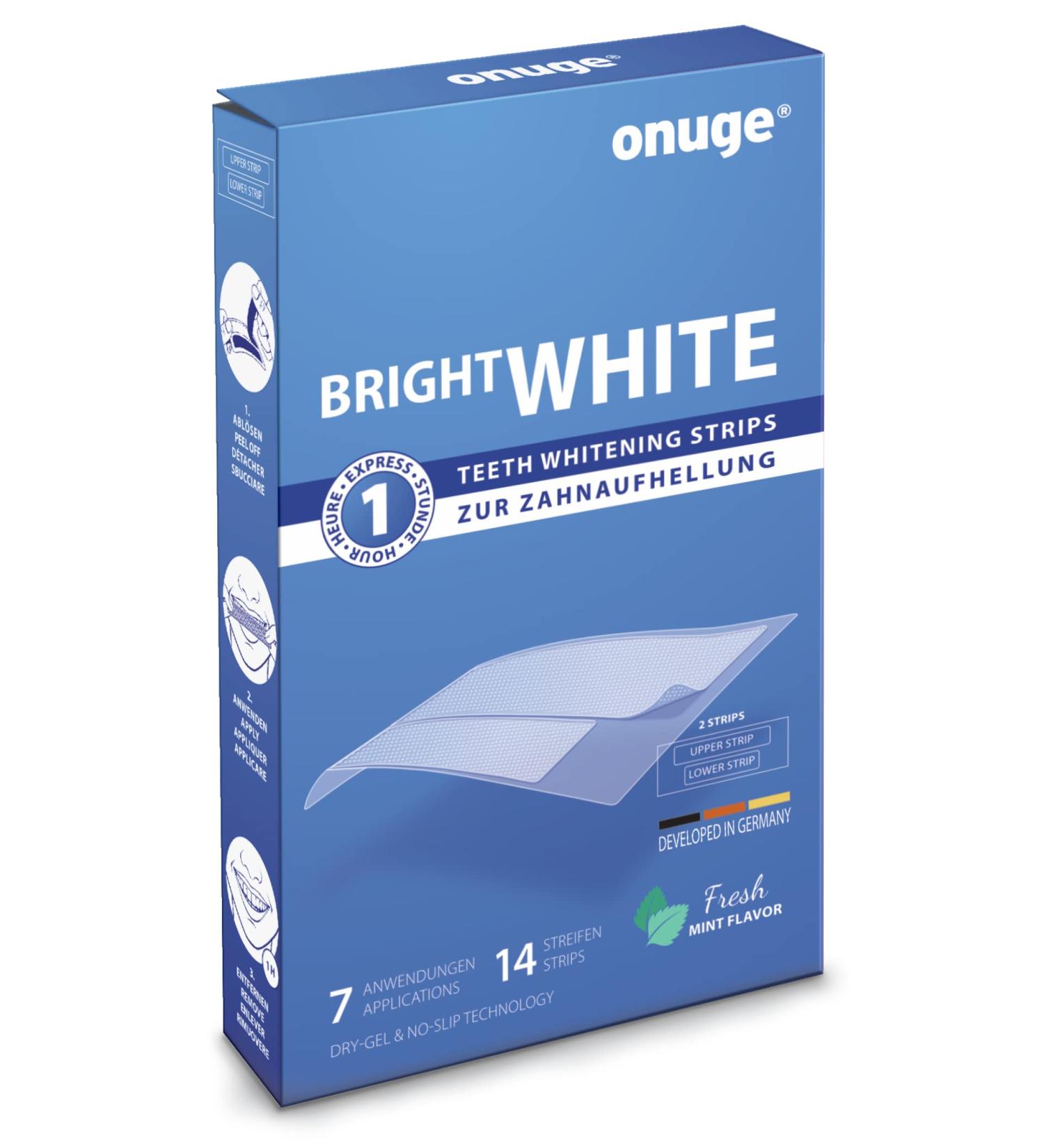 Onuge Bright White Teeth Whitening Strips - Peroxide-Free Sensitive Teeth Safe - 14 Strips for 7 Days Whitening - Buy Online on GoSupps.com