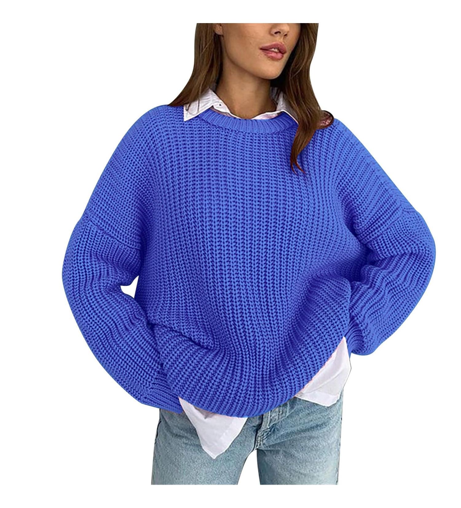 Shop Women's Long-Sleeved Knitted Sweater | Casual Loose Wrap Shirts in Blue - Perfect for Summer Autumn & Winter - Buy Online on GoSupps.com