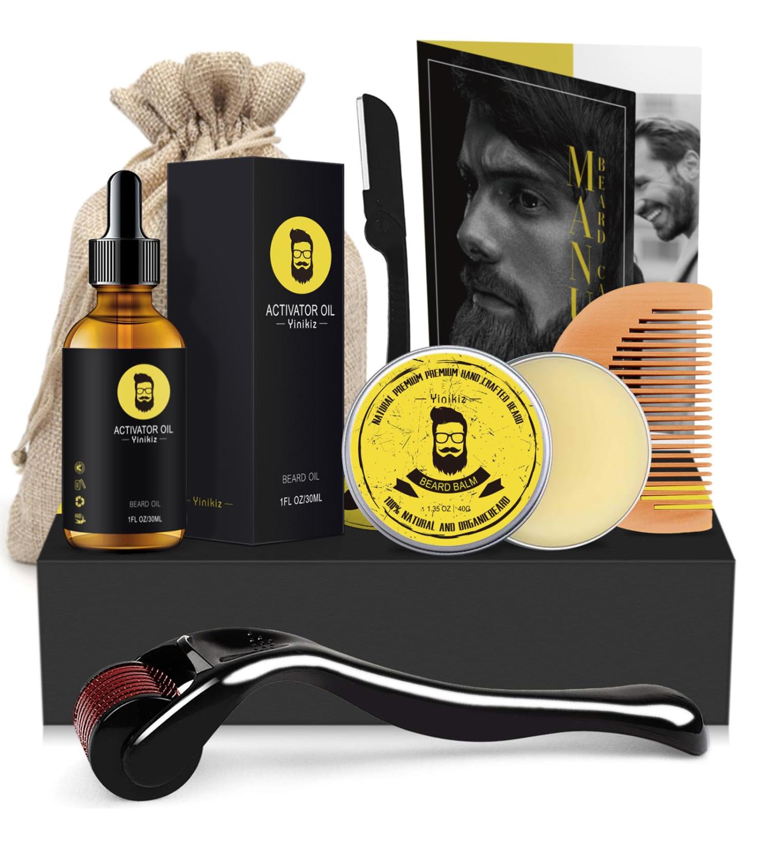 Men's Beard Grooming Kit with Growth Oil, Balm, Derma Roller, Comb, Trimmer - 5pcs Set | Beard Care & Gifts - Buy Online on GoSupps.com