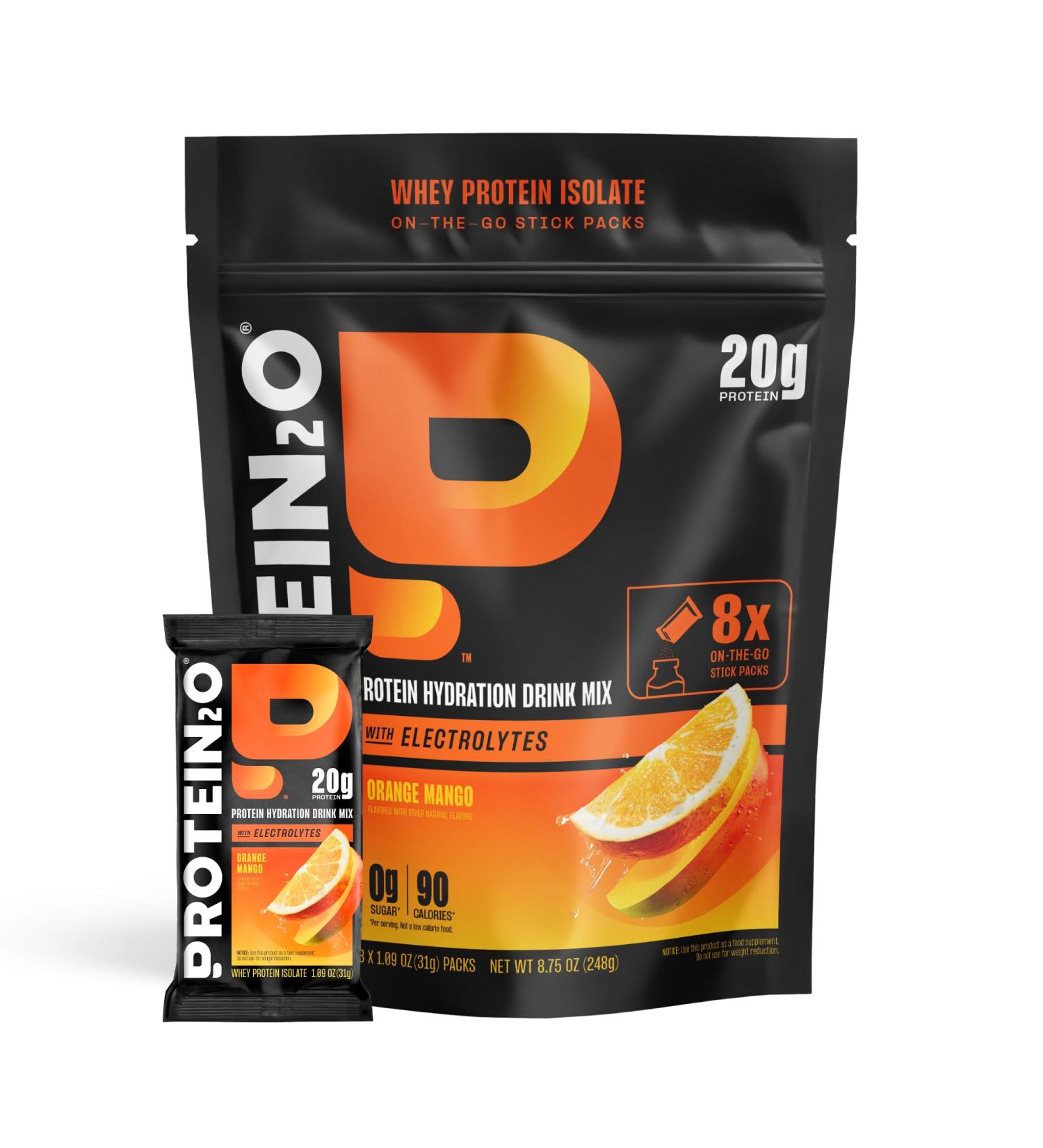 Protein2o 20g Whey Protein Isolate Clear Protein Powder 370mg of Electrolytes Vitamins B5 & B6 Sugar Free Orange Mango 8-Pack Orange Mango Powder (8 Sticks) 1.09 Ounce (Pack of 8) - Buy Online on GoSupps.com