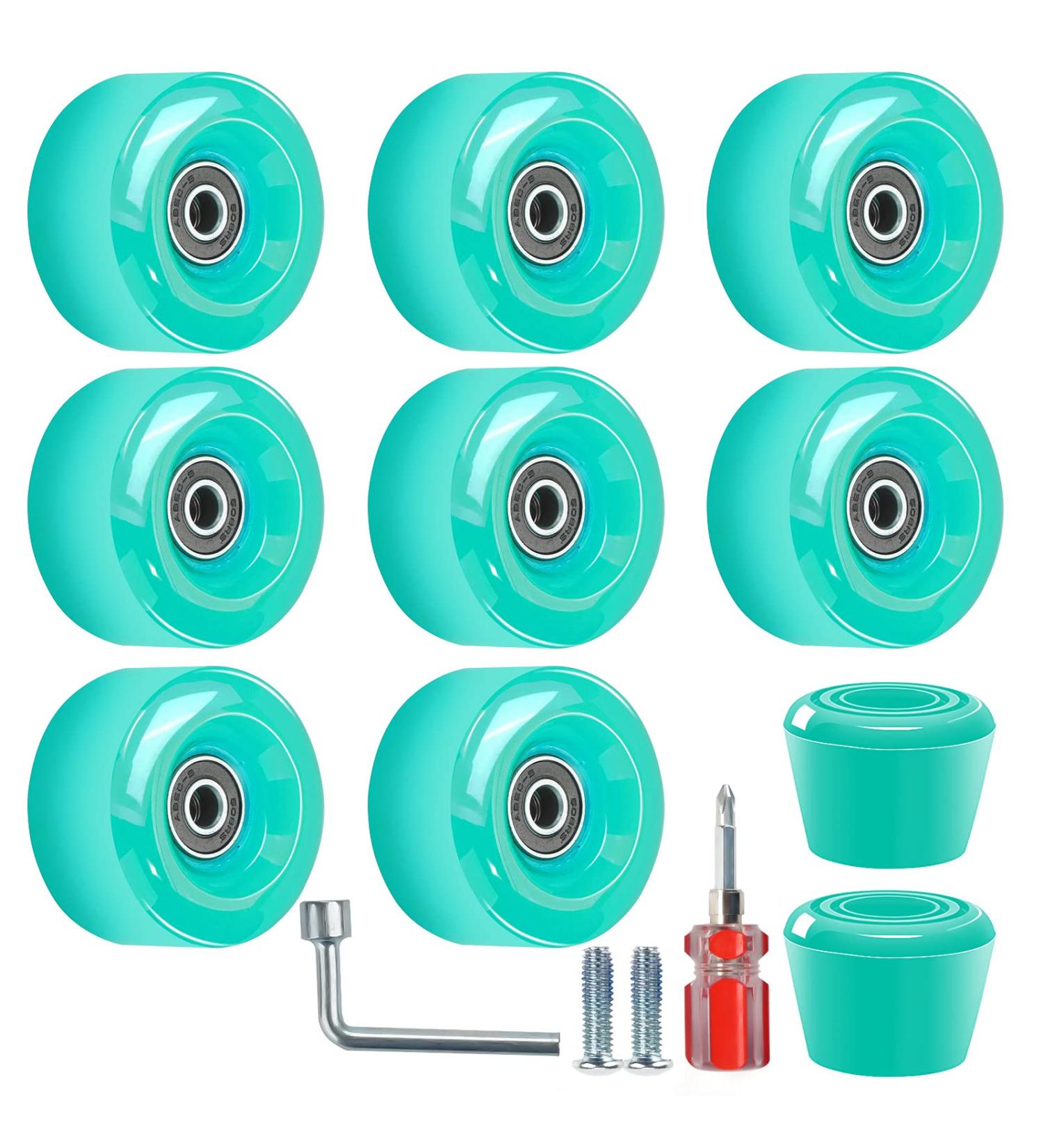 Nezylaf 8 Pack 32x58mm Cyan Quad Roller Skate Wheels with Bearings - Outdoor/Indoor Skating Replacement Kit w/ 2 Toe Stoppers - Buy Online on GoSupps.com