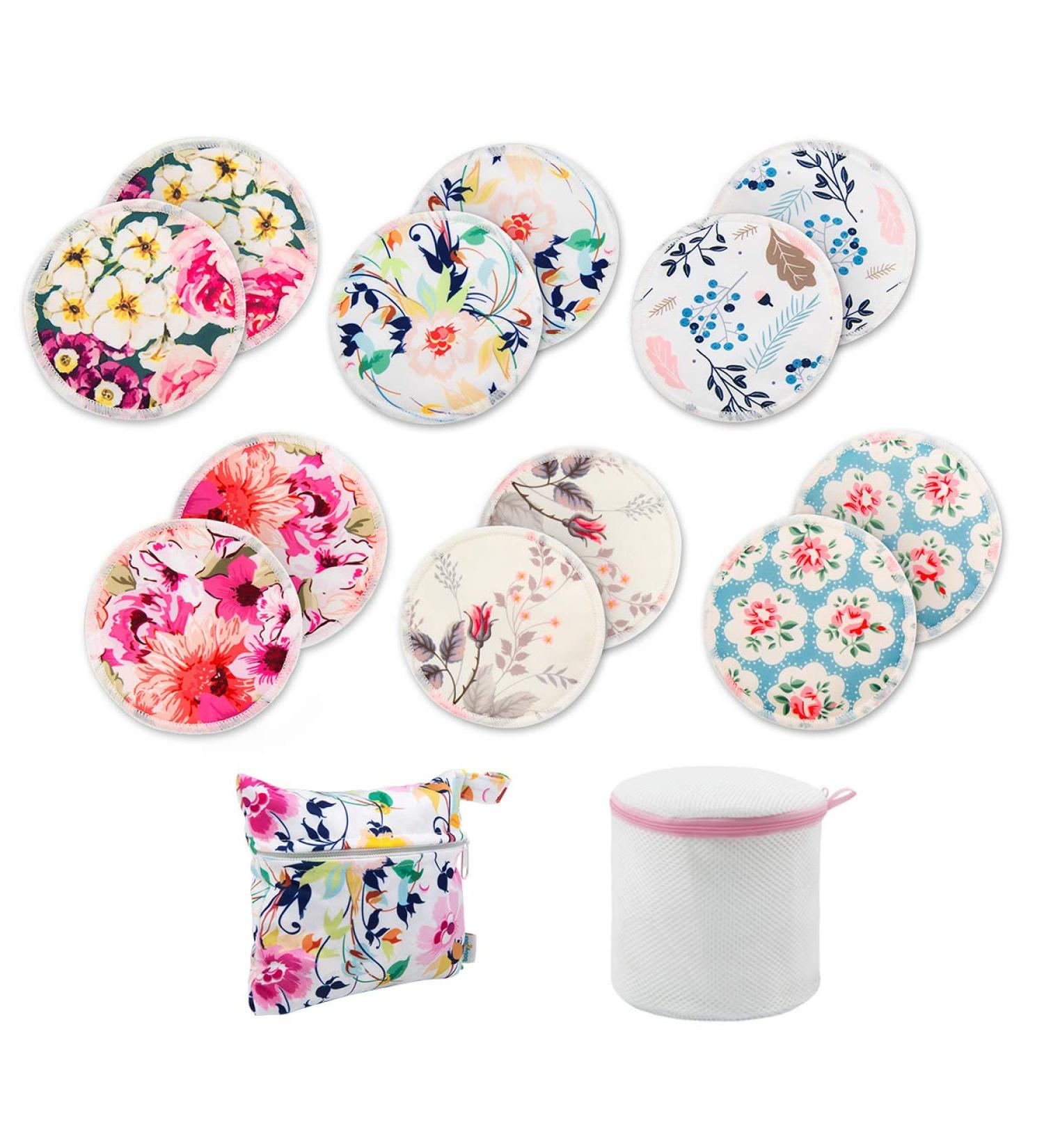 Bamboo Nursing Pads (12 Pack) | Reusable & Washable | Babygoal Breastfeeding Pads with Wet Bag | New Mom Gift | 12NP02 01 Flowers-Plain Shape - Buy Online on GoSupps.com