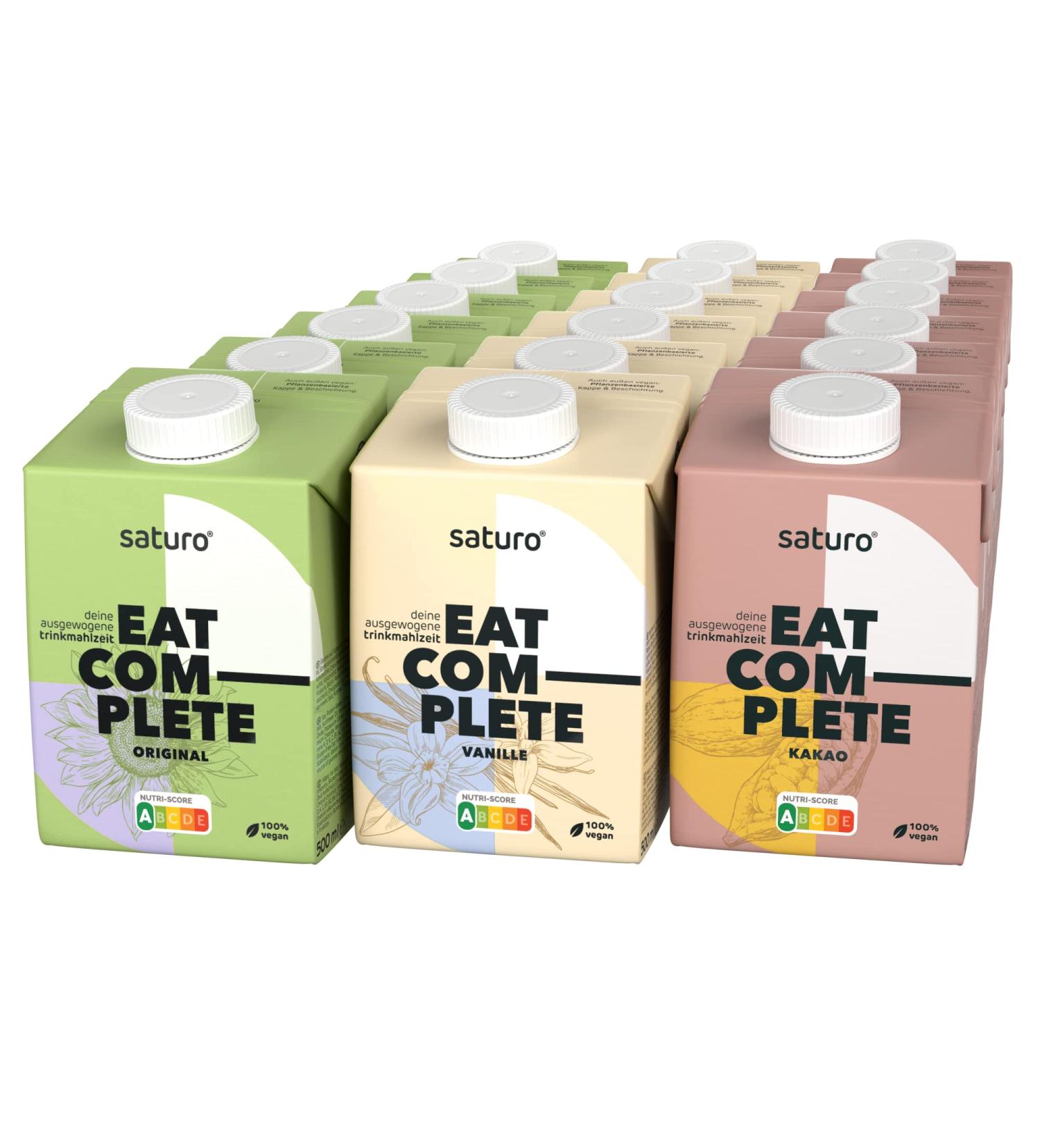 Saturo Drinking Meal Trial Package - Chocolate Vanilla & Original | Vegan Astronaut Food | 500kcal | 18 x 500ml Nutrient-Rich Meal Replacement - Buy Online on GoSupps.com