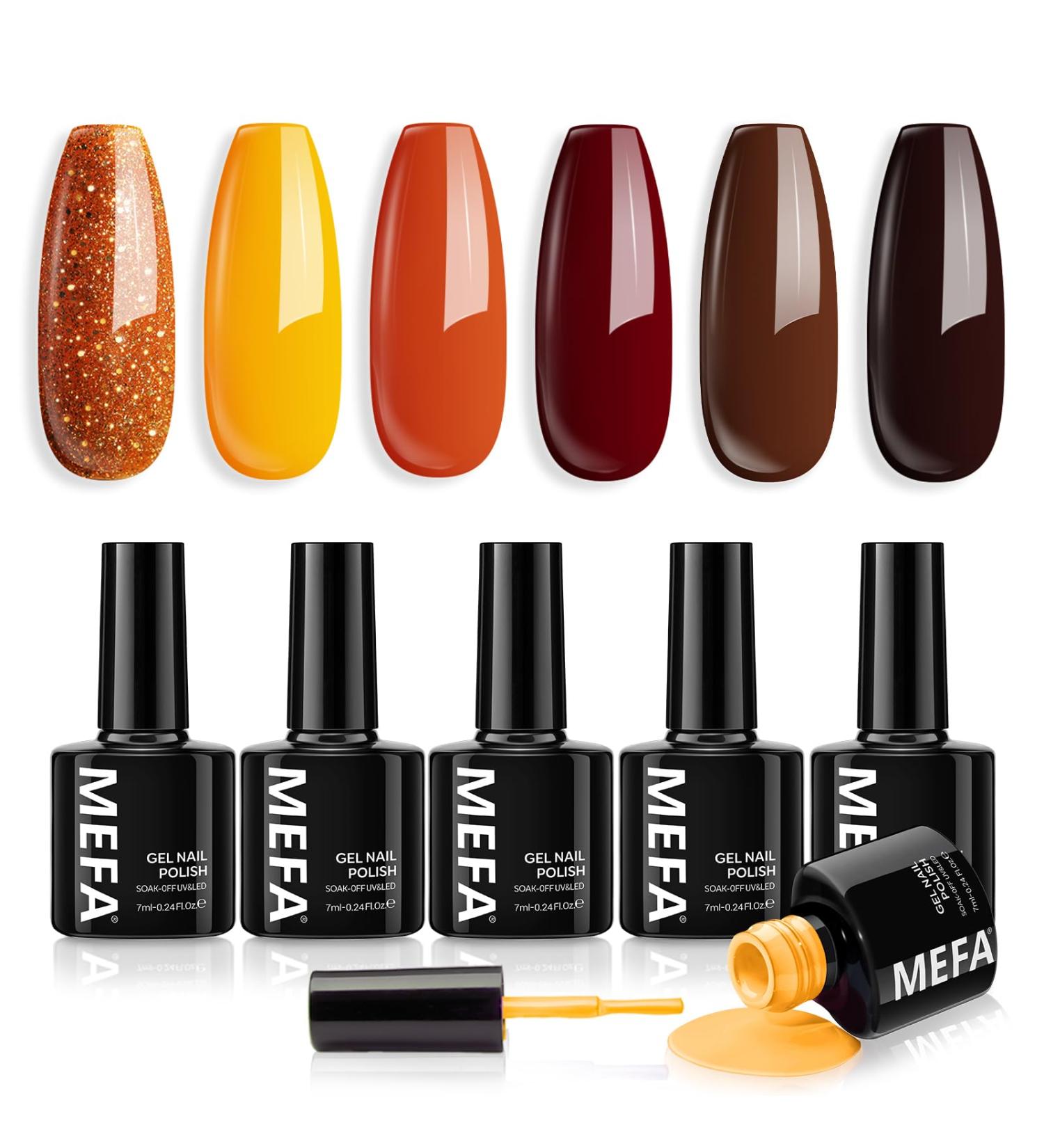 MEFA Gel Nail Polish Set 6 Colors Autumn Gel Nail Polish Glitter Orange Brown Red Gel Polish Set Soak Off UV Gel for Salon Home DIY for Women Yellow Brown - Buy Online on GoSupps.com