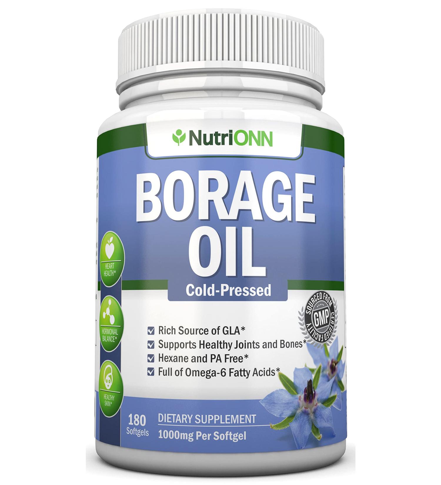 NutriONN Borage Oil 1000mg - 180 Softgels - Cold Pressed High GLA Seed Oil - Hexane & PA Free - Skin, Hair, Joints, Bones Support - Buy Online on GoSupps.com