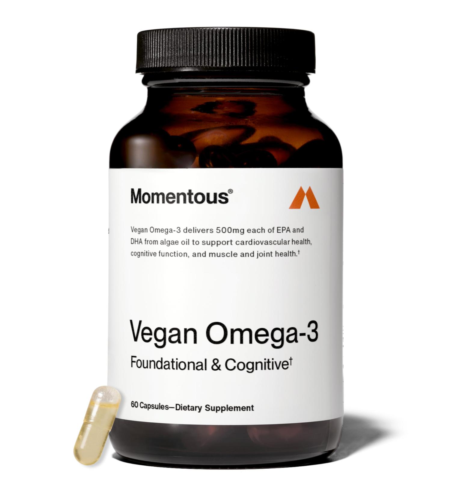 Momentous Vegan Omega-3 - Plant-Based EPA & DHA Supplement for Men & Women - Sourced from Algae Oil - Supports Heart, Joint, & Brain Health - NSF Certified for Sport - 1,000 mg - 30 Servings - Buy Online on GoSupps.com