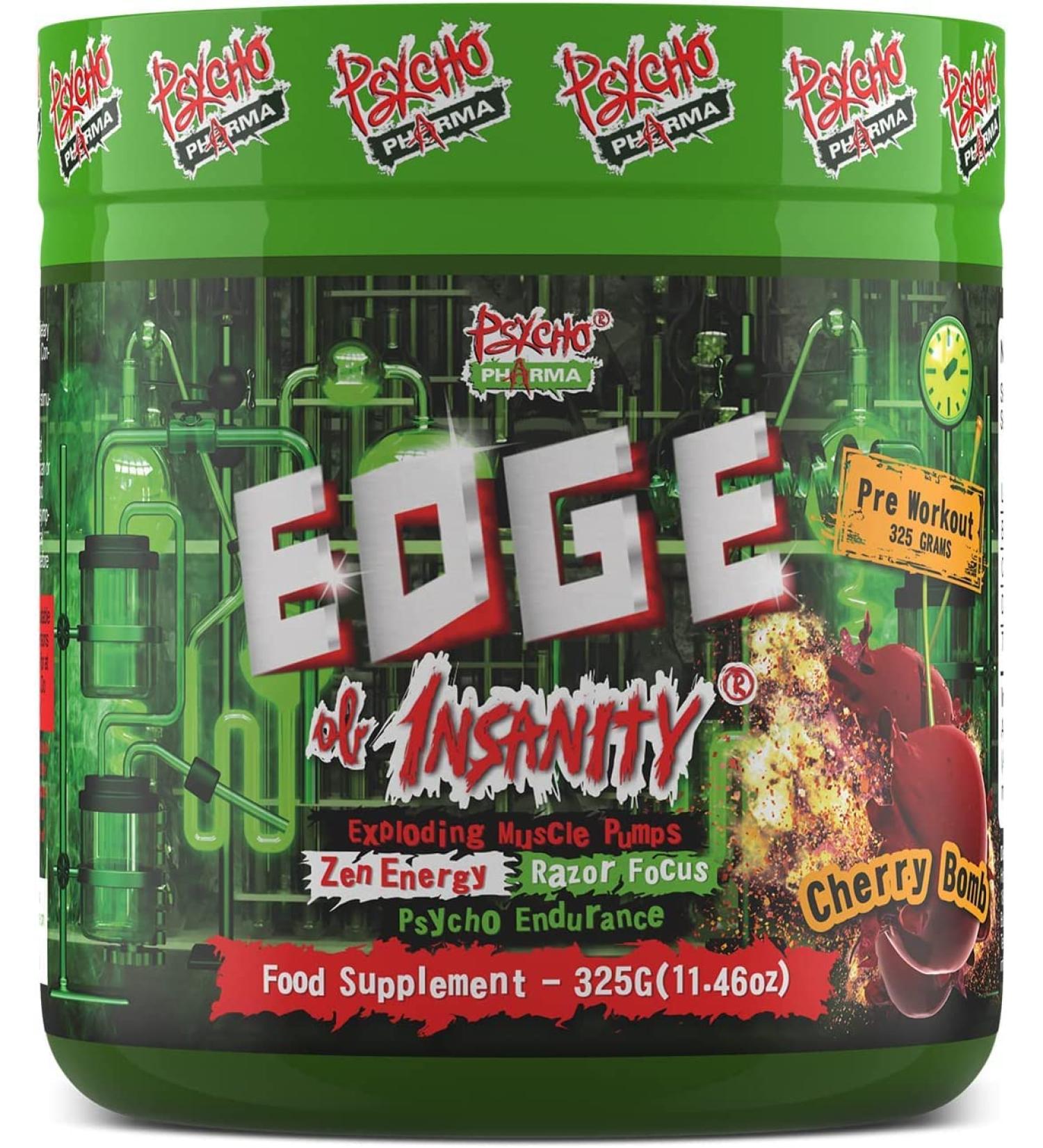 New #1 Strongest PWO Psycho Pharma Edge of Insanity - Most Intense Pre Workout Powder for Focus Power & Energy. Premium researched Formula and Ingredients - 325g Cherry Bomb - Buy Online on GoSupps.com