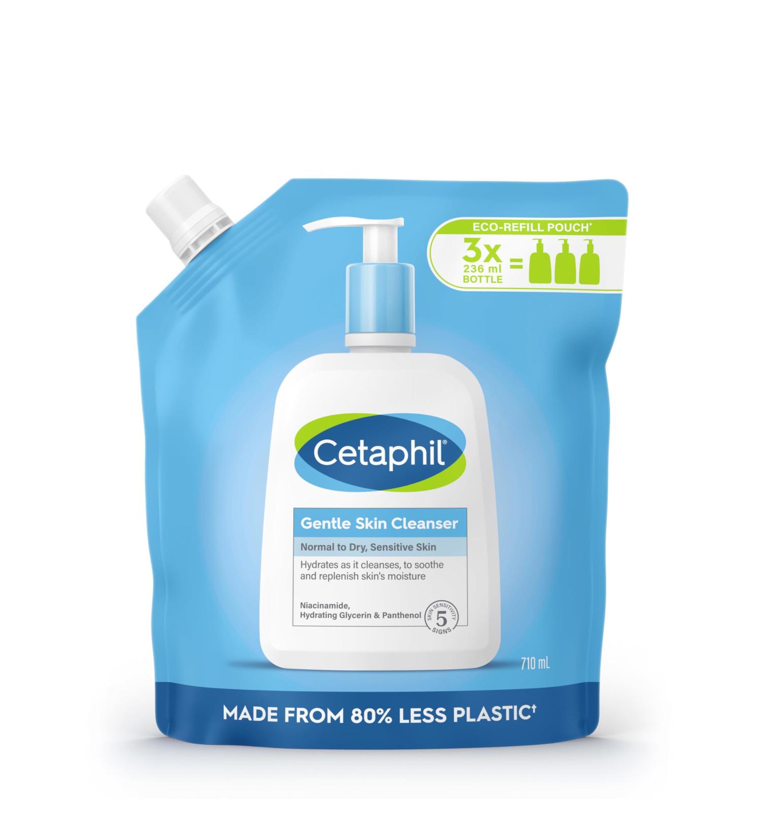 Cetaphil Gentle Skin Cleanser Eco Refill Pouch 710ml Face & Body Wash for Normal to Dry Sensitive Skin Soap Free with Niacinamide 710ml Refill - Buy Online on GoSupps.com